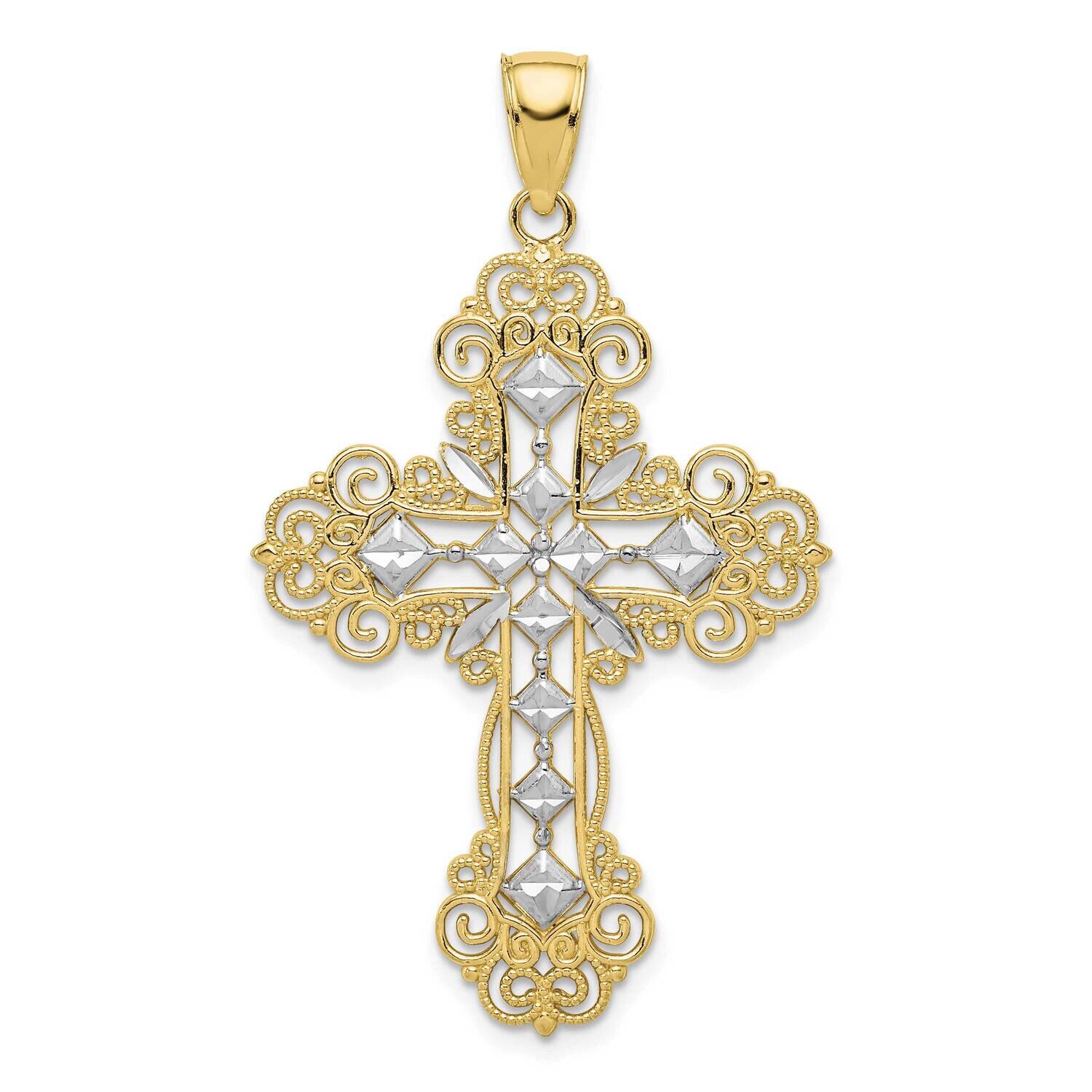 Rhodium Polished Textured Diamond Pattern Cross Pendant 10k Gold 10K5458