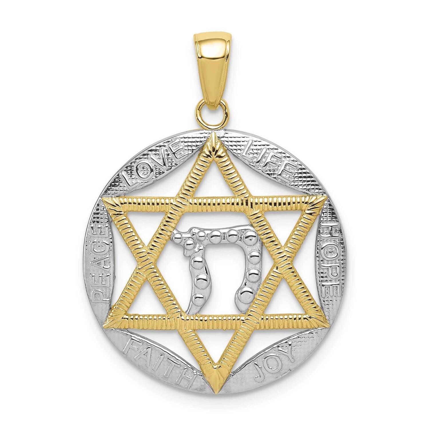 Rhodium Polished Jewish Star with Chai In Round Pendant 10k Gold 10K5712