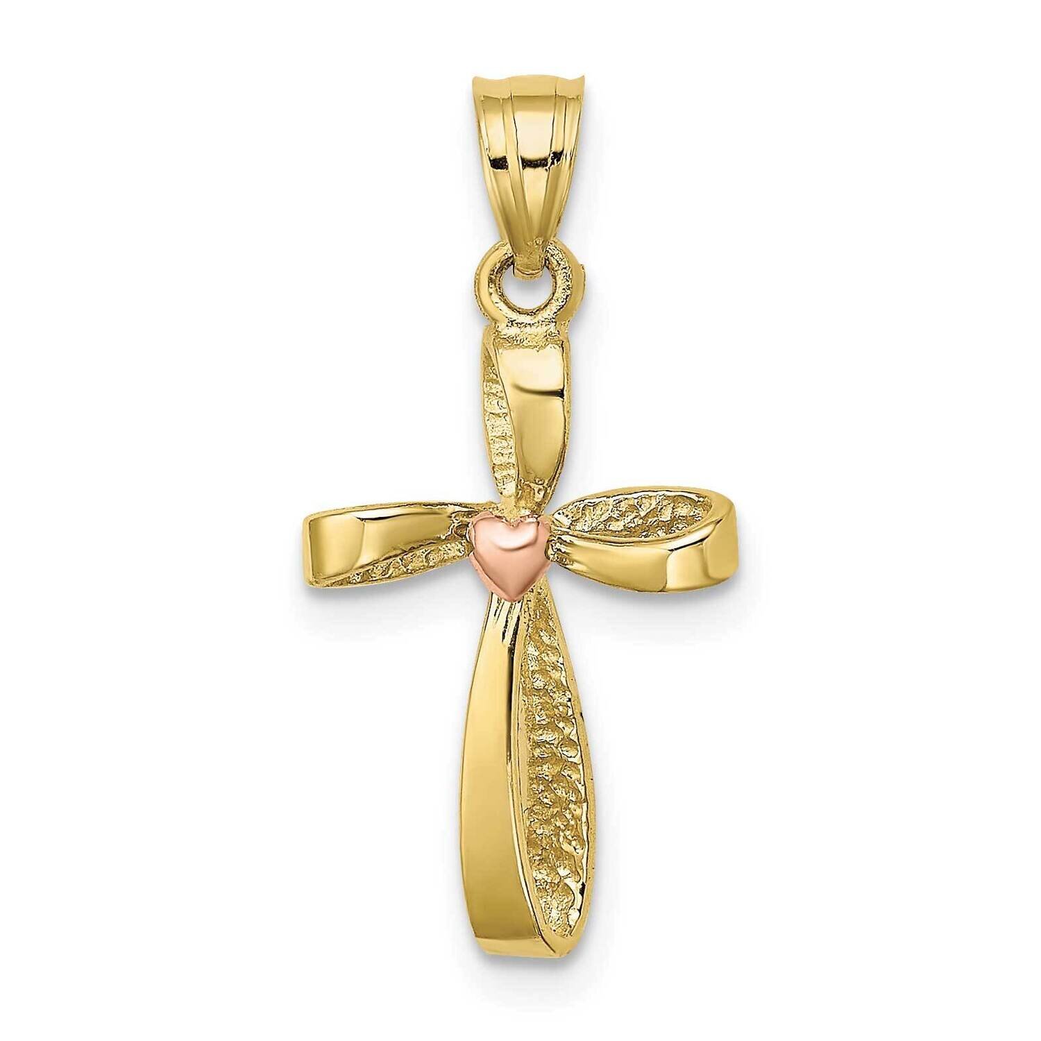 Two-Tone Twisted Cross with Heart Charm 10k Gold 10K9090