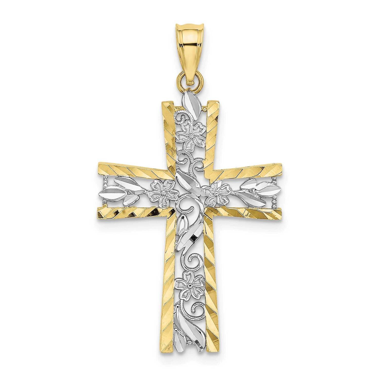 Rhodium and Diamond-Cut Flower Design Cross Charm 10k Gold 10K9496, MPN: 10K9496,