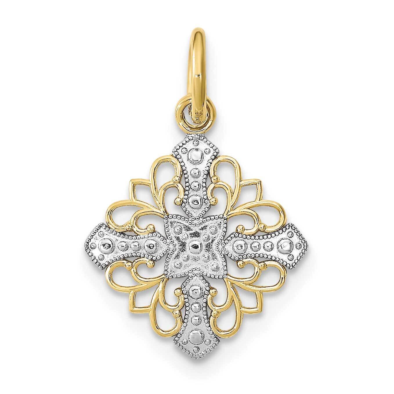 Rhodium and Diamond-Cut Filigree Medallion Charm 10k Gold 10K9508, MPN: 10K9508,