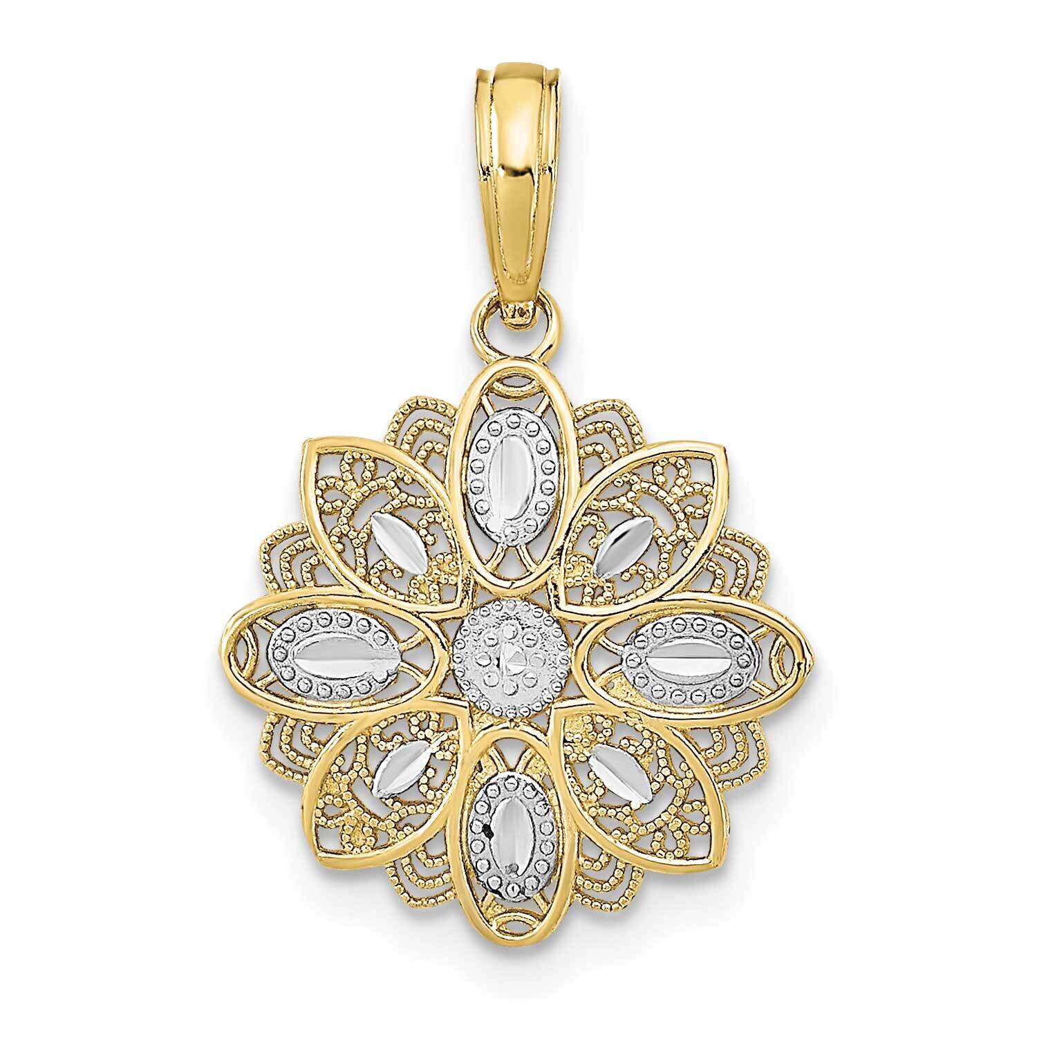 Rhodium and Diamond-Cut Filigree Flower Charm 10k Gold 10K9509, MPN: 10K9509,