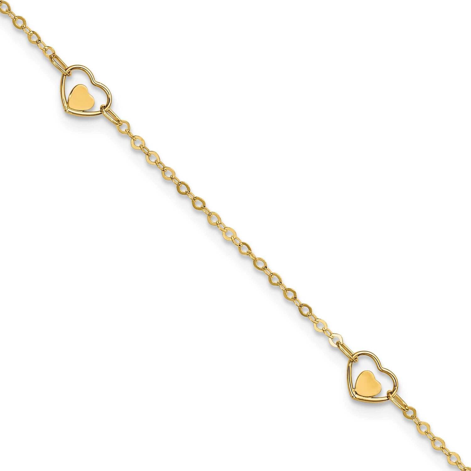 Heart 9 Inch Plus 1 Inch Extender Anklet 14k Gold Polished ANK313-9
