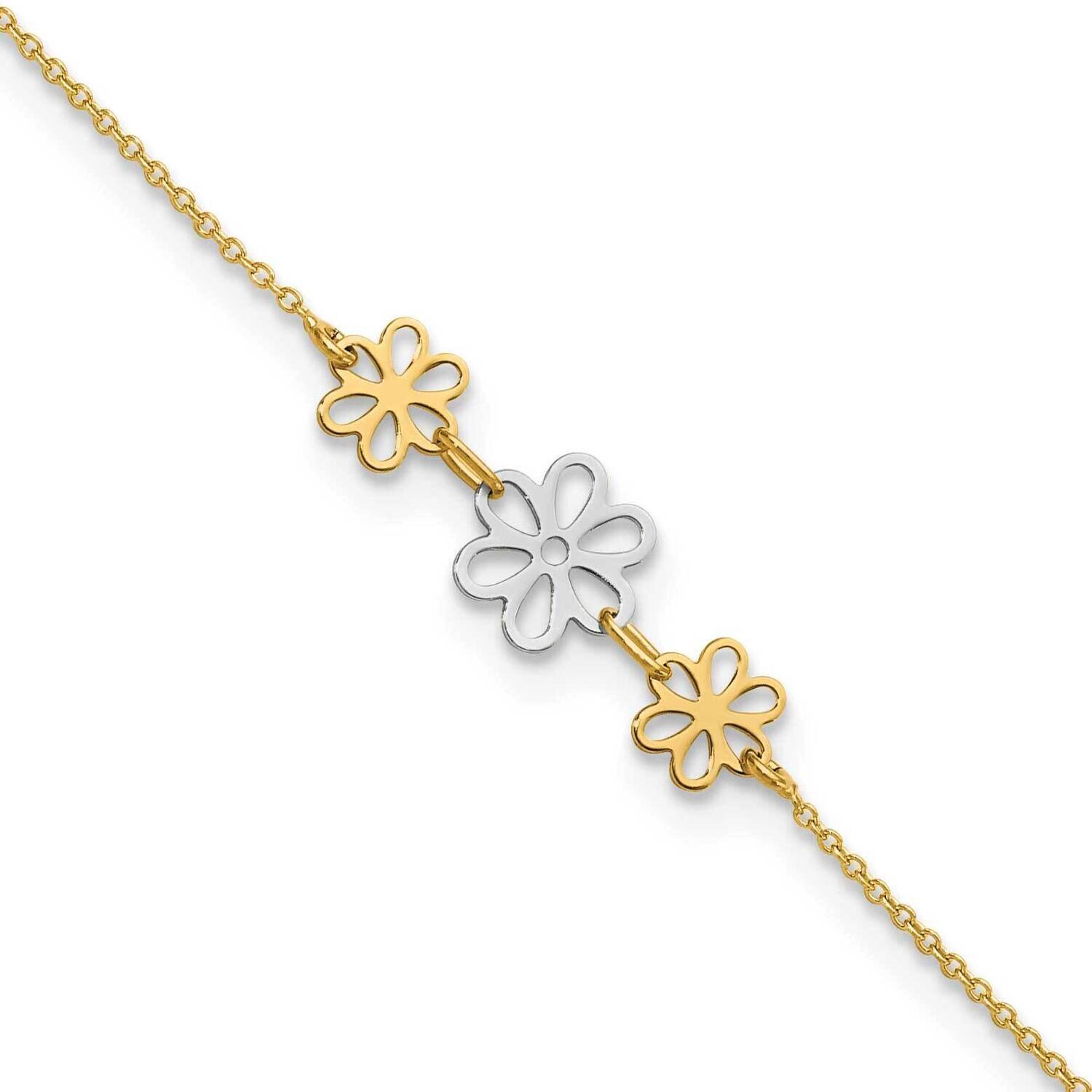 Three Flower 9 Inch Plus 1 Inch Extender Anklet 14k Two-Tone Gold Polished ANK321-9