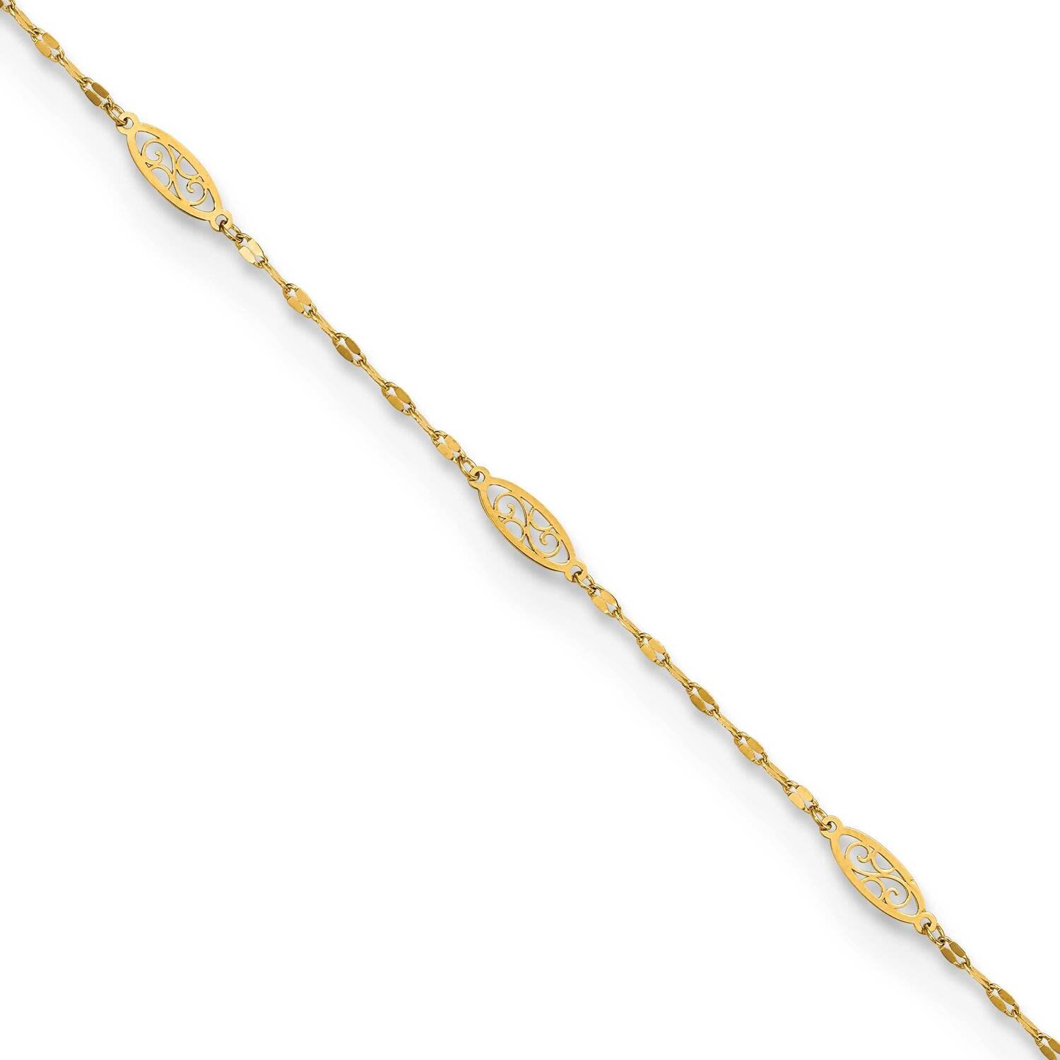 Fancy Filigree Link 9 Inch Plus 1 Inch Extender Anklet 14k Gold Polished ANK327-9, MPN: ANK327-9, 8…