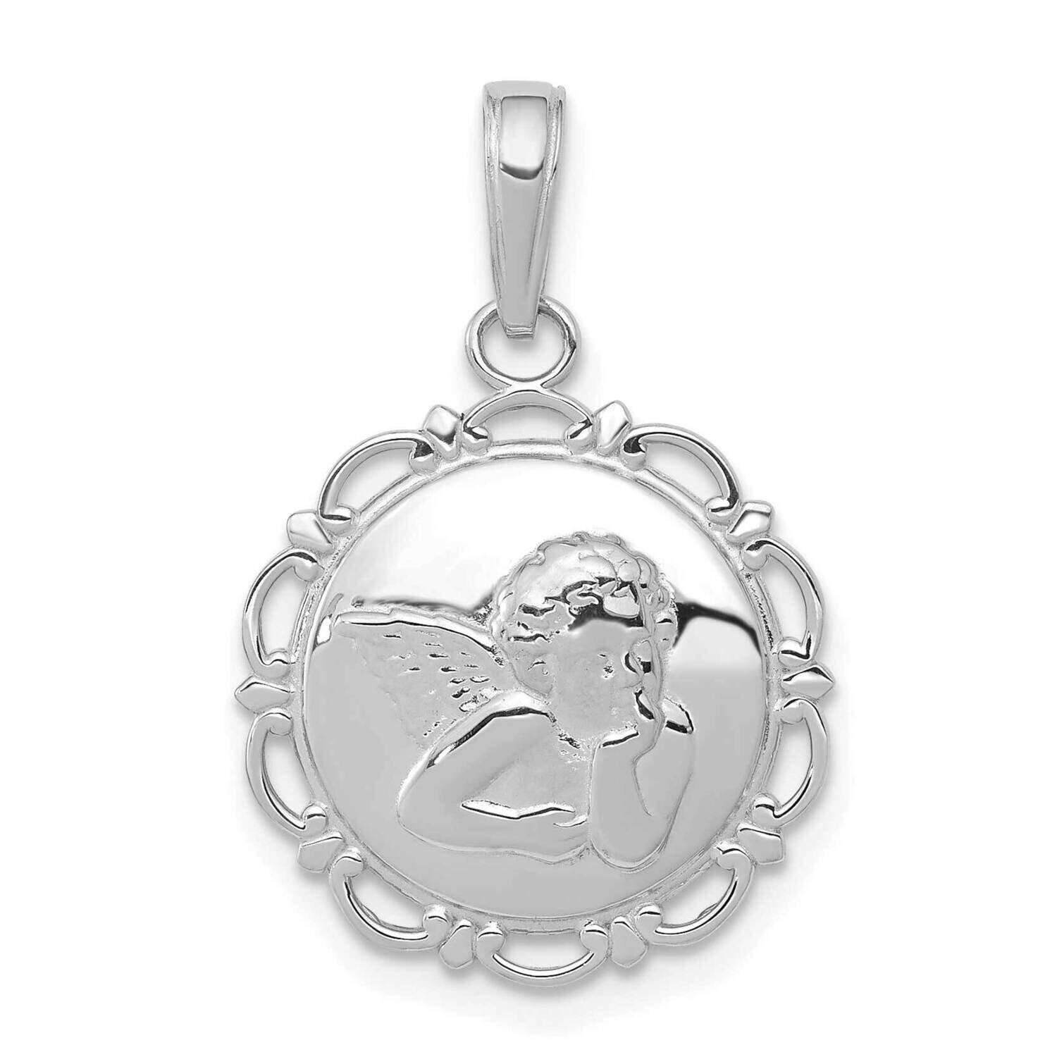 Angel Cherub On Round Scallop Frame Pendant 14k White Gold Polished K5691W, MPN: K5691W, 1969040719…