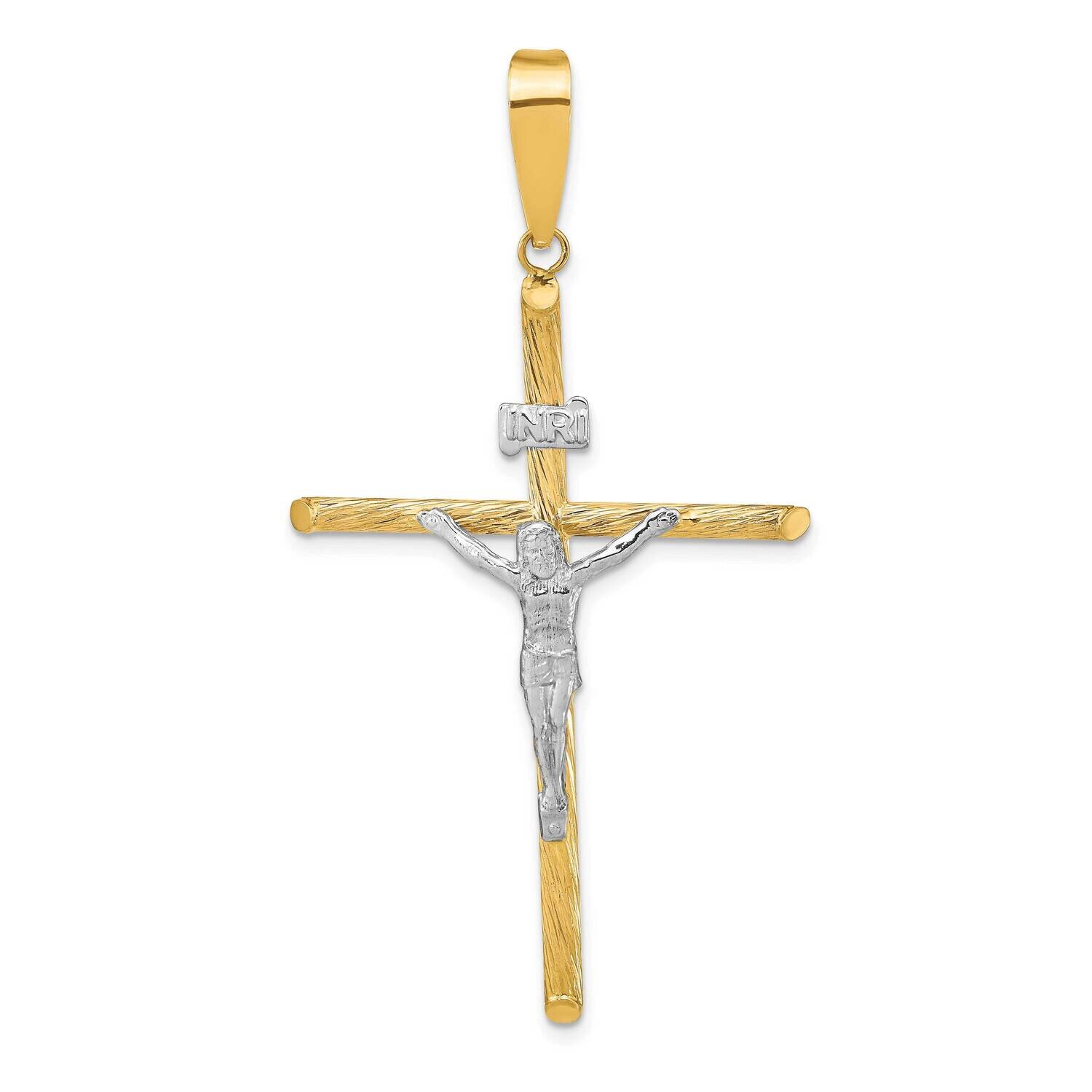 Polished &amp; Textured Inri Crucifix Cross Pendant 14k Gold with White Rhodium K9966