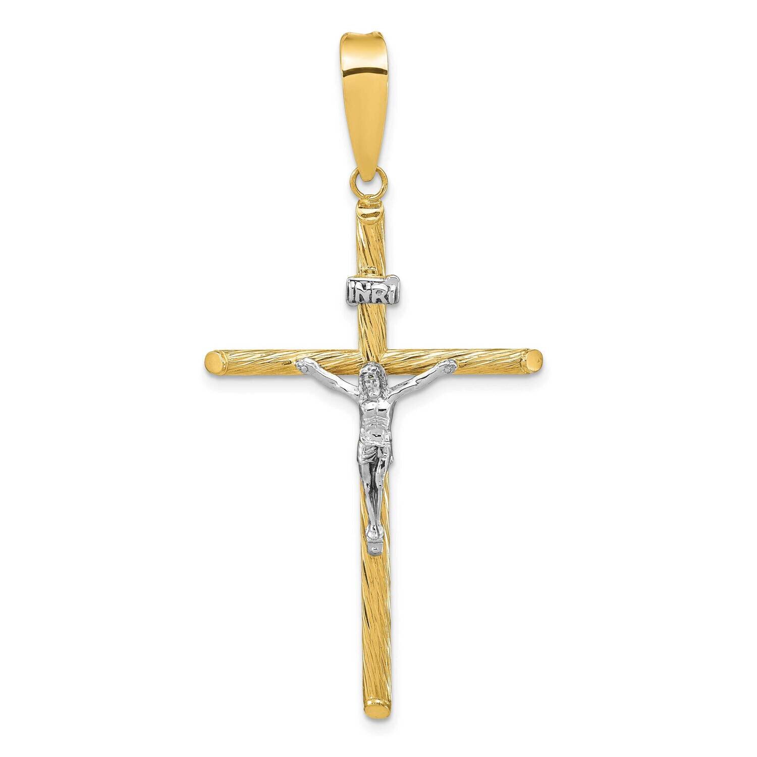Polished & Textured Inri Crucifix Cross Pendant 14k Gold with White Rhodium K9969