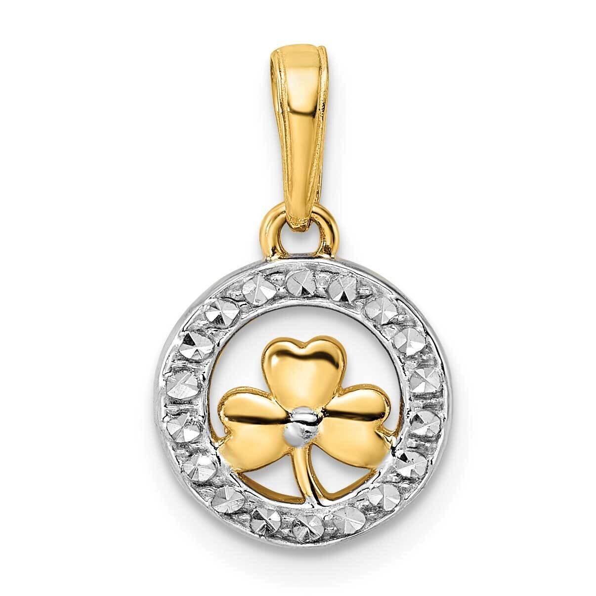 Clover In Circle Pendant 14k Gold and White Rhodium Diamond-Cut M2914, MPN: M2914, 196904073124