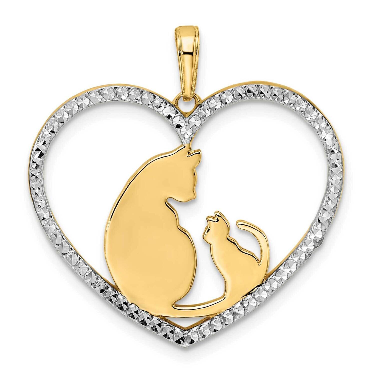 Cat and Kitten In Heart Pendant 14k Gold and White Rhodium Diamond-Cut M2955