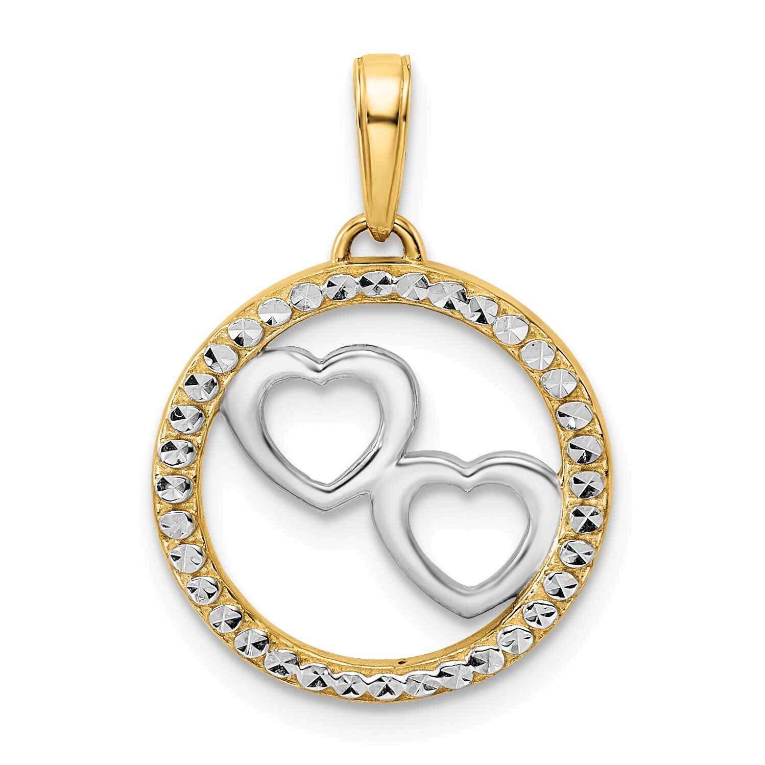Hearts In Circle Pendant 14k Gold and White Rhodium Diamond-Cut M2989, MPN: M2989,