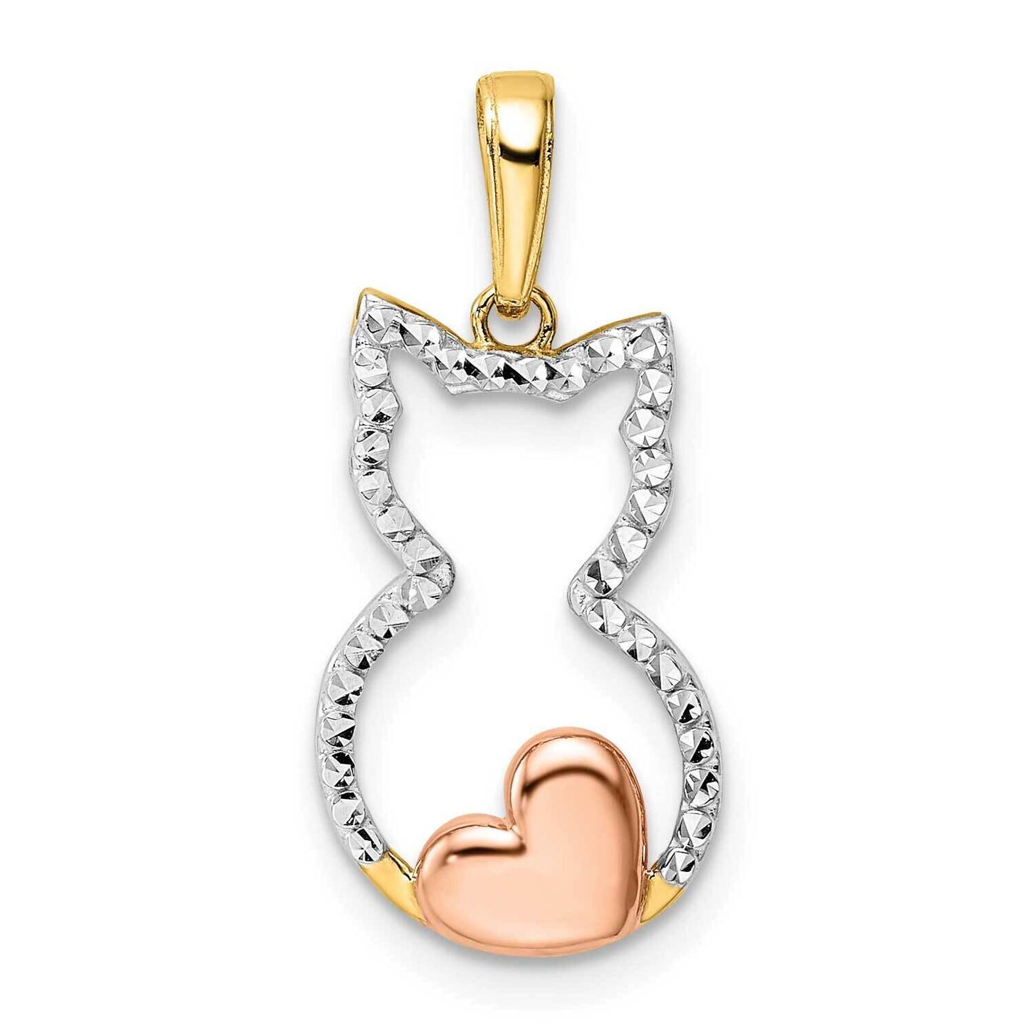 White and Rose Rhodium Diamond-Cut Cat Heart Pendant 14k Gold M3000