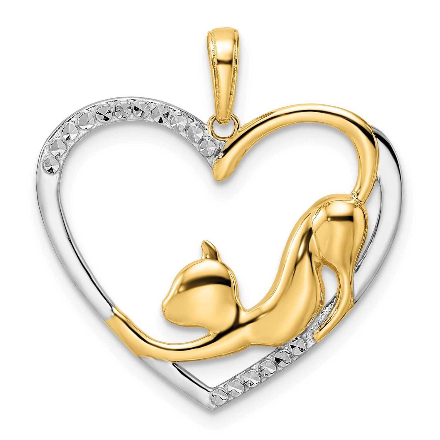 Cat Stretching In Heart Pendant 14k Gold and White Rhodium Diamond-Cut M3001