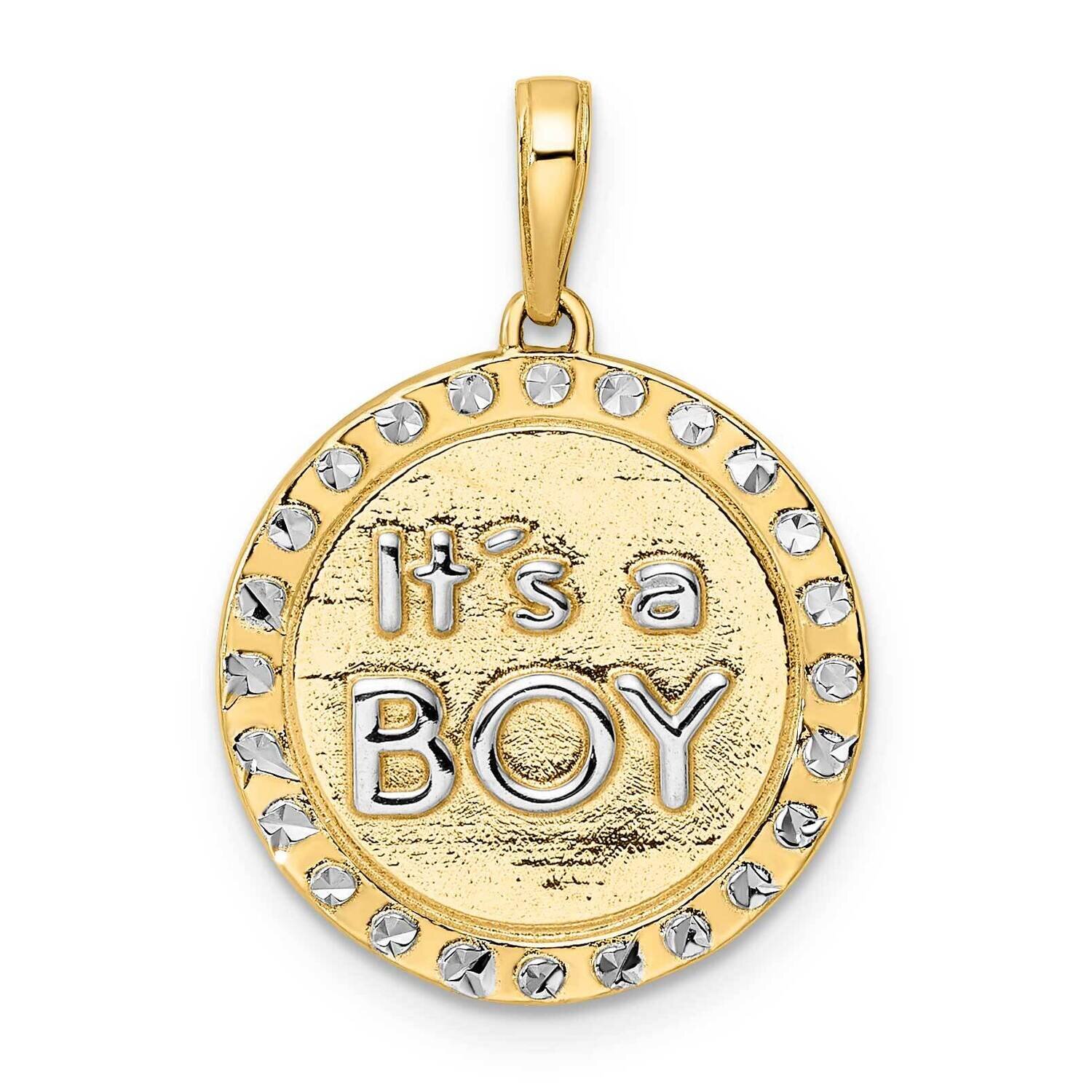 Diamond-Cut It's A Boy Round Disc Pendant 14k Gold with White Rhodium M3009