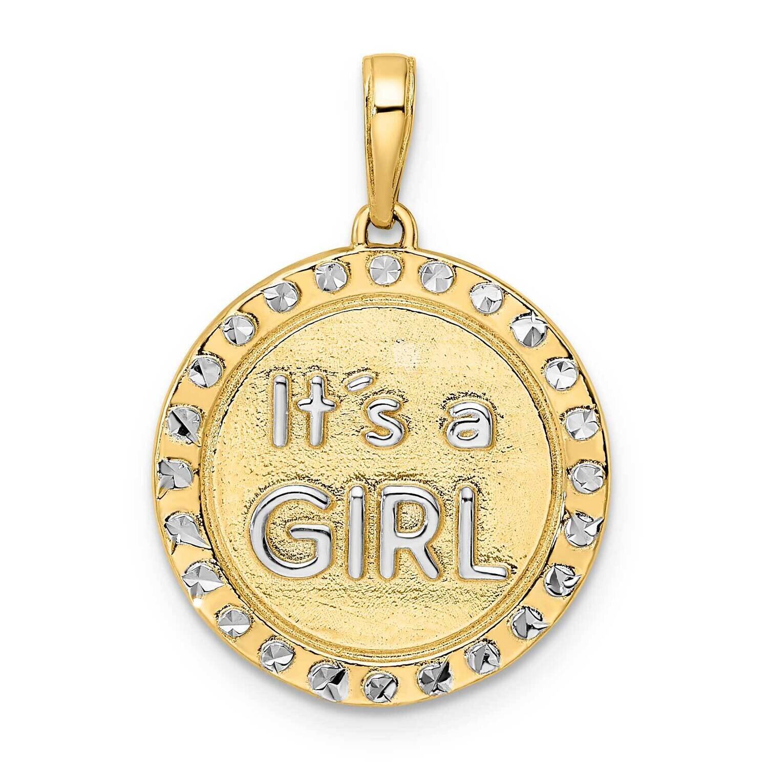 Diamond-Cut It&#39;s A Girl Round Disc Pendant 14k Gold with White Rhodium M3010, MPN: M3010,