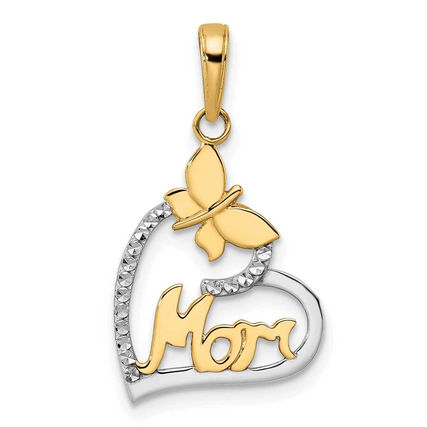 Diamond-Cut Butterfly Mom In Heart Pendant 14k Gold with White Rhodium M3024