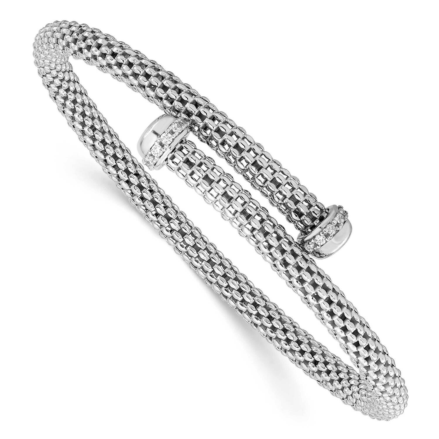 CZ Diamond Flexible Cuff Bangle Sterling Silver Rhodium-Plated Polished QB1438
