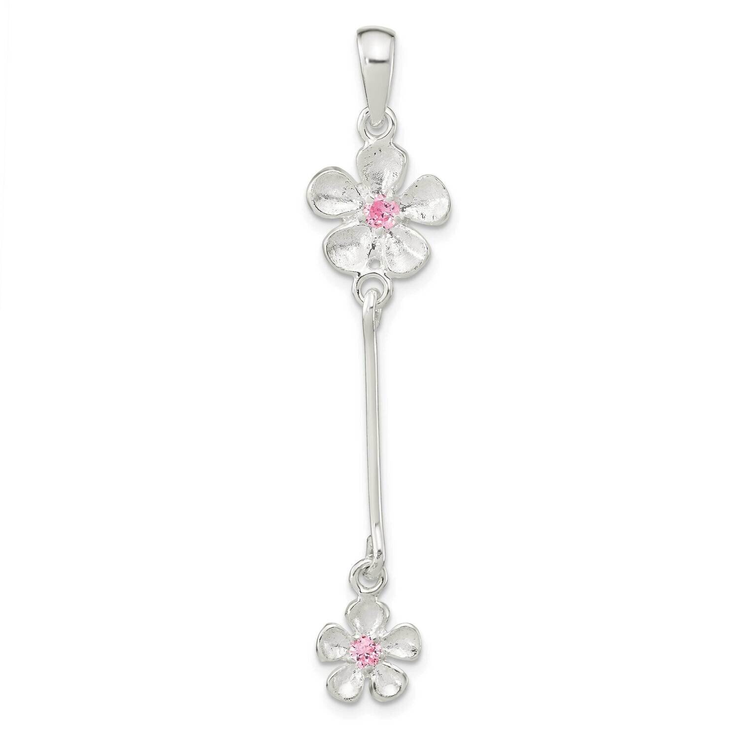 Brush &amp; Polished Pink CZ Diamond Flower Dangle Pendant Sterling Silver QC11026, MPN: QC11026,