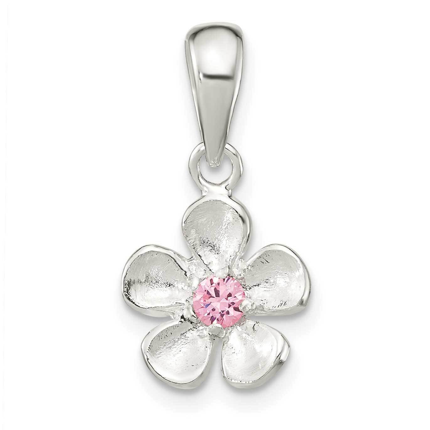 Brushed &amp; Polished Pink CZ Diamond Flower Pendant Sterling Silver QC11027