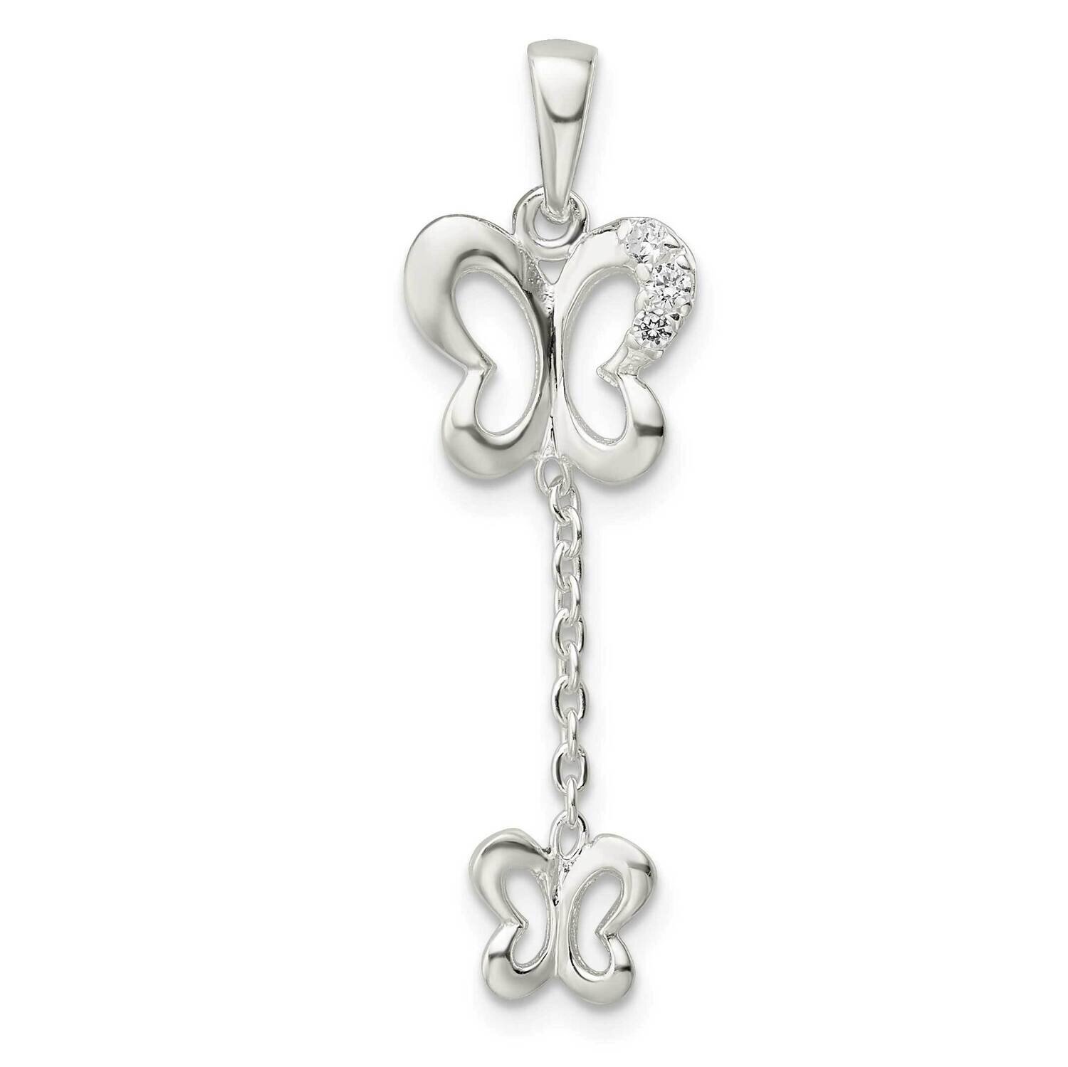CZ Diamond Butterfly Dangle Pendant Sterling Silver Polished QC11044, MPN: QC11044,