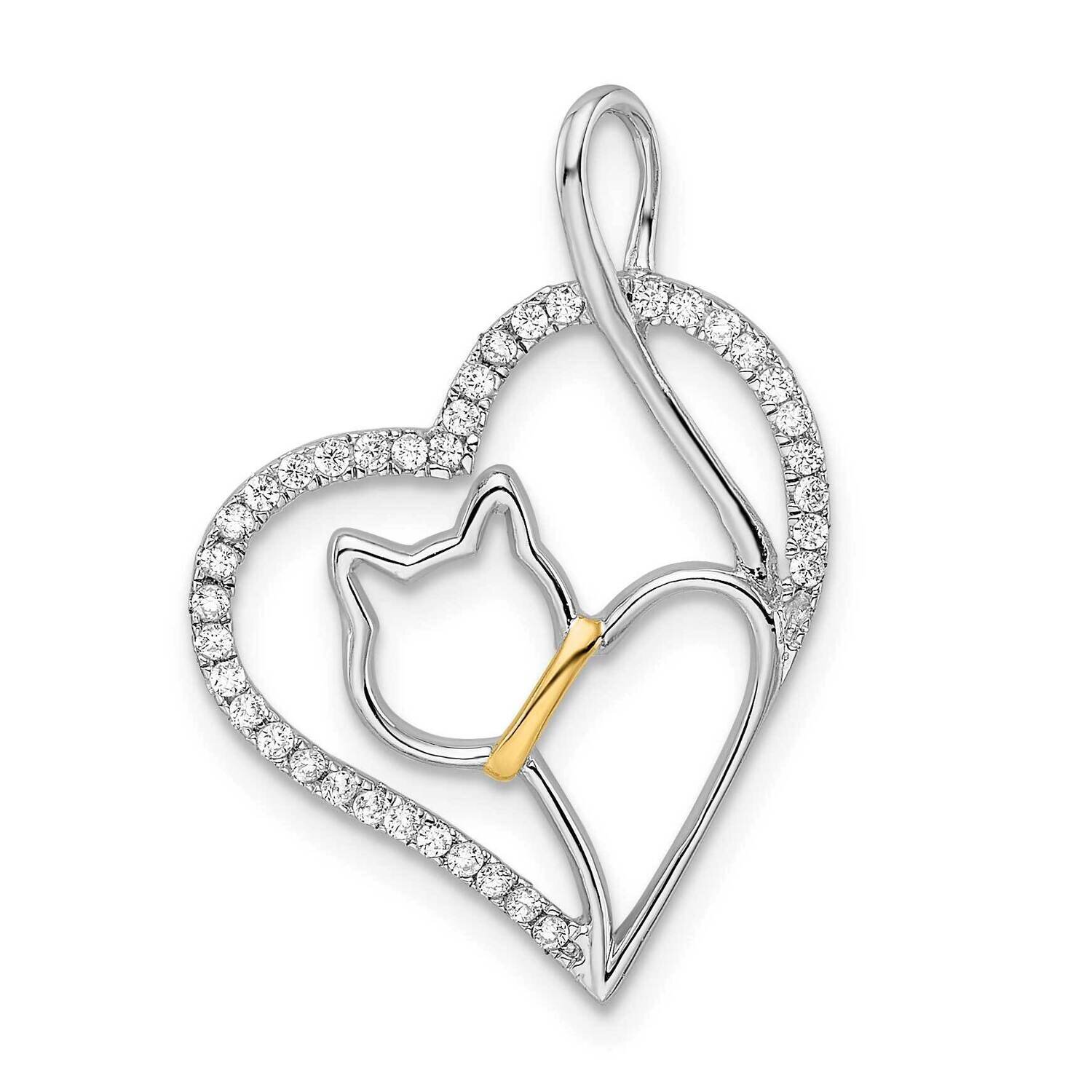 Gold-Tone CZ Diamond Cat In Heart Pendant Sterling Silver Rhodium-Plated QC11057, MPN: QC11057,