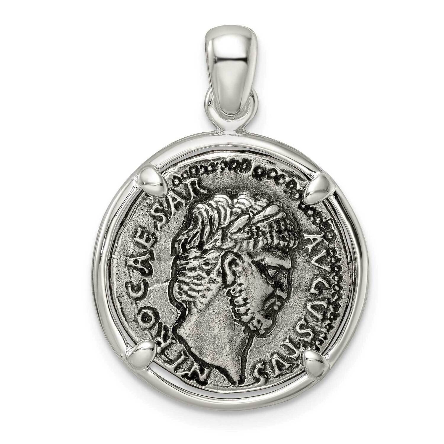 Sterling Silver Antiqued Caesar Coin Pendant Sterling Silver Polished QC11071, MPN: QC11071,
