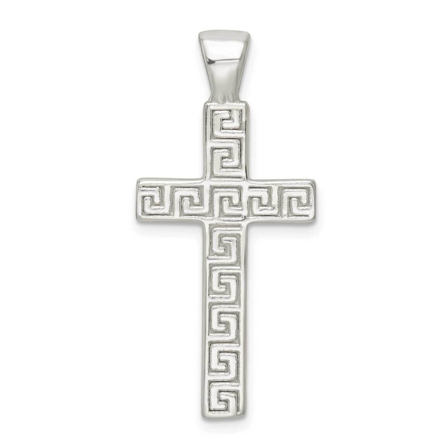 Greek Key Hollow Latin Cross Pendant Sterling Silver Polished QC11137