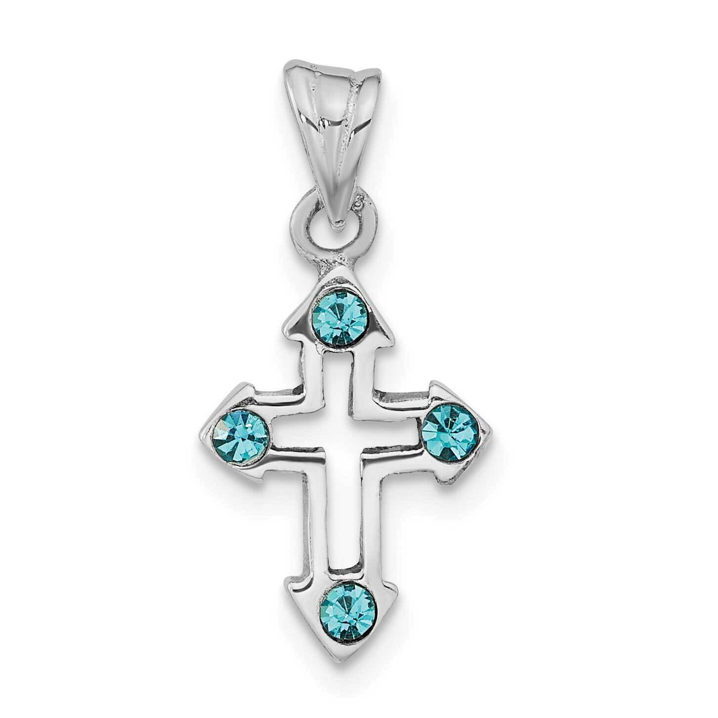Blue Crystals Cross Pendant Sterling Silver Rhodium-Plated Polished QC11146