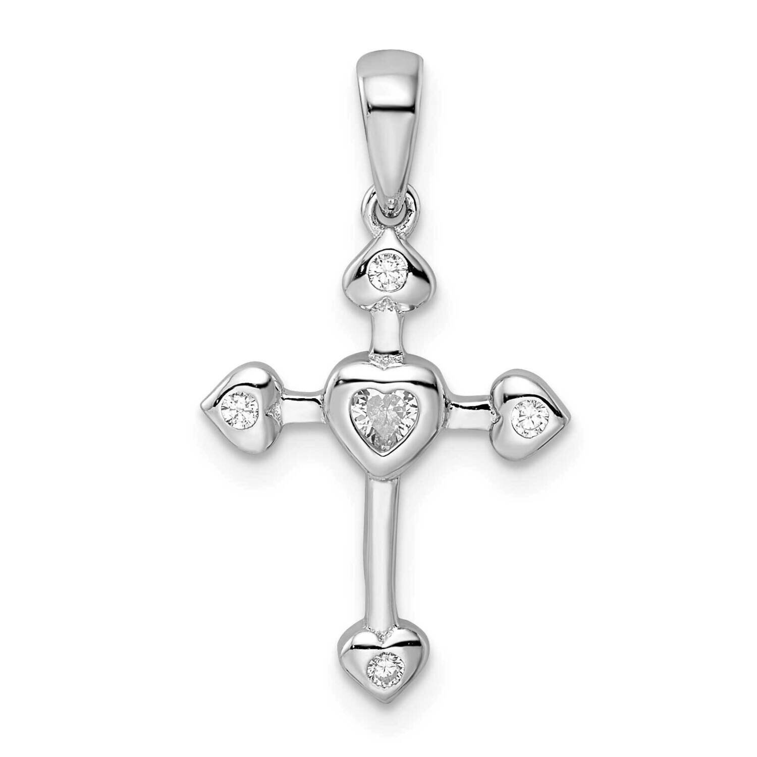 CZ Diamond Heart Cross Pendant Sterling Silver Rhodium-Plated QC11148