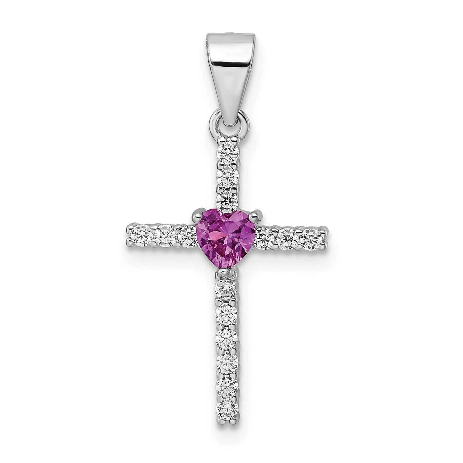 Pink CZ Diamond Heart and Clear CZ Diamond Cross Pendant Sterling Silver Rhodium-Plated QC11153