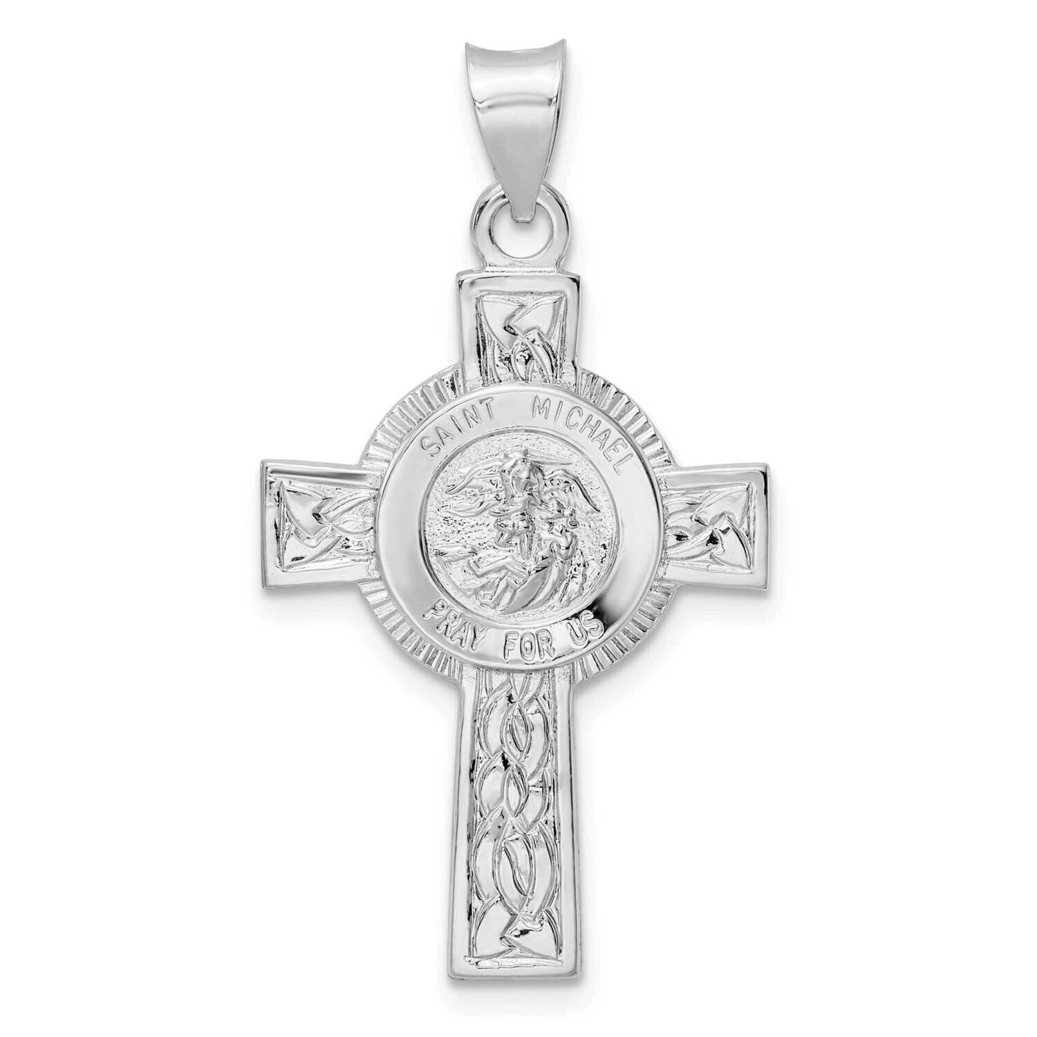 Solid St Michael Cross Pendant Sterling Silver Rhodium-Plated Polished QC11205