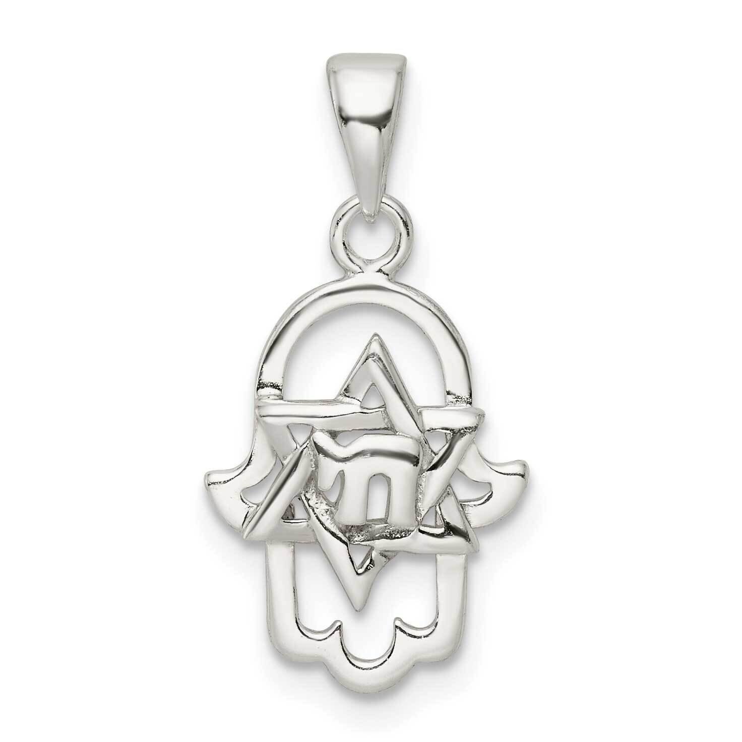 Chai In Star of David Hamsa Pendant Sterling Silver Polished QC11225