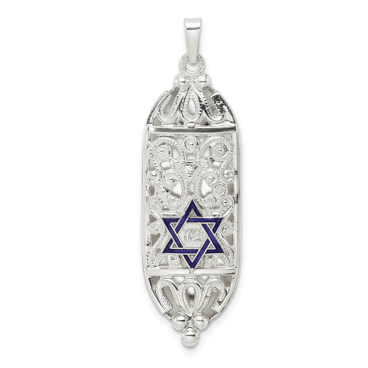 Solid Mezuzah with Enameled Star of David Pendant Sterling Silver Polished QC11234