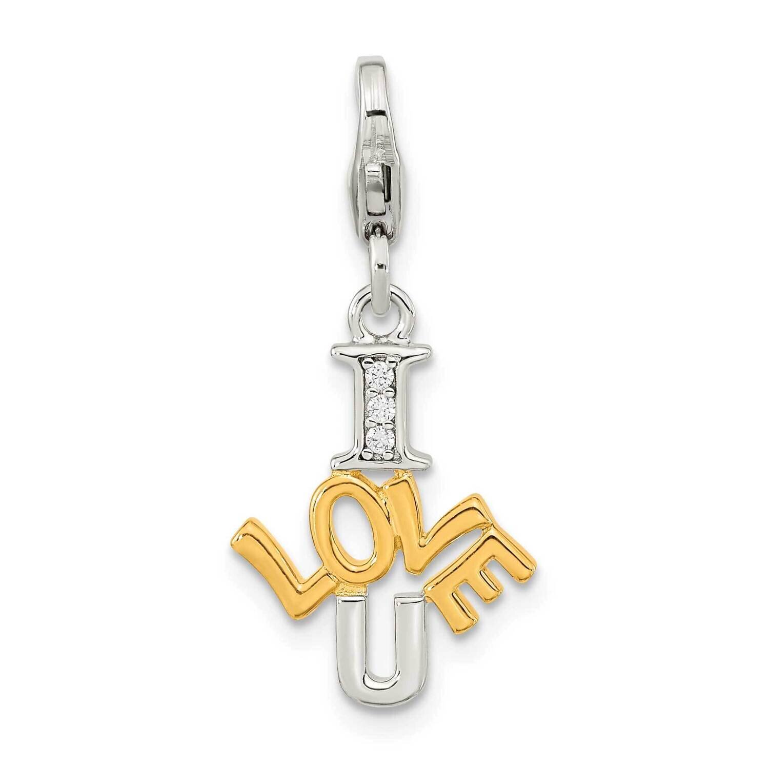 CZ Diamond I Love U with Lobster Clasp Charm Sterling Silver Gold-Plated QCC1235
