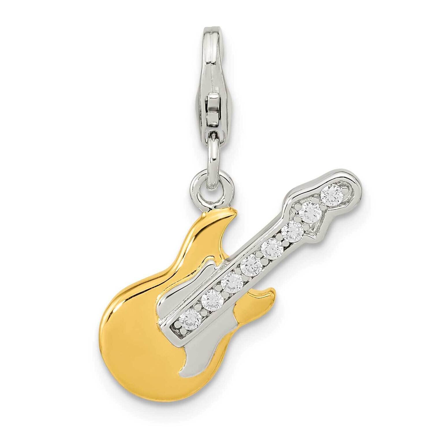CZ Diamond Guitar with Lobster Clasp Charm Sterling Silver Gold-Plated QCC1239