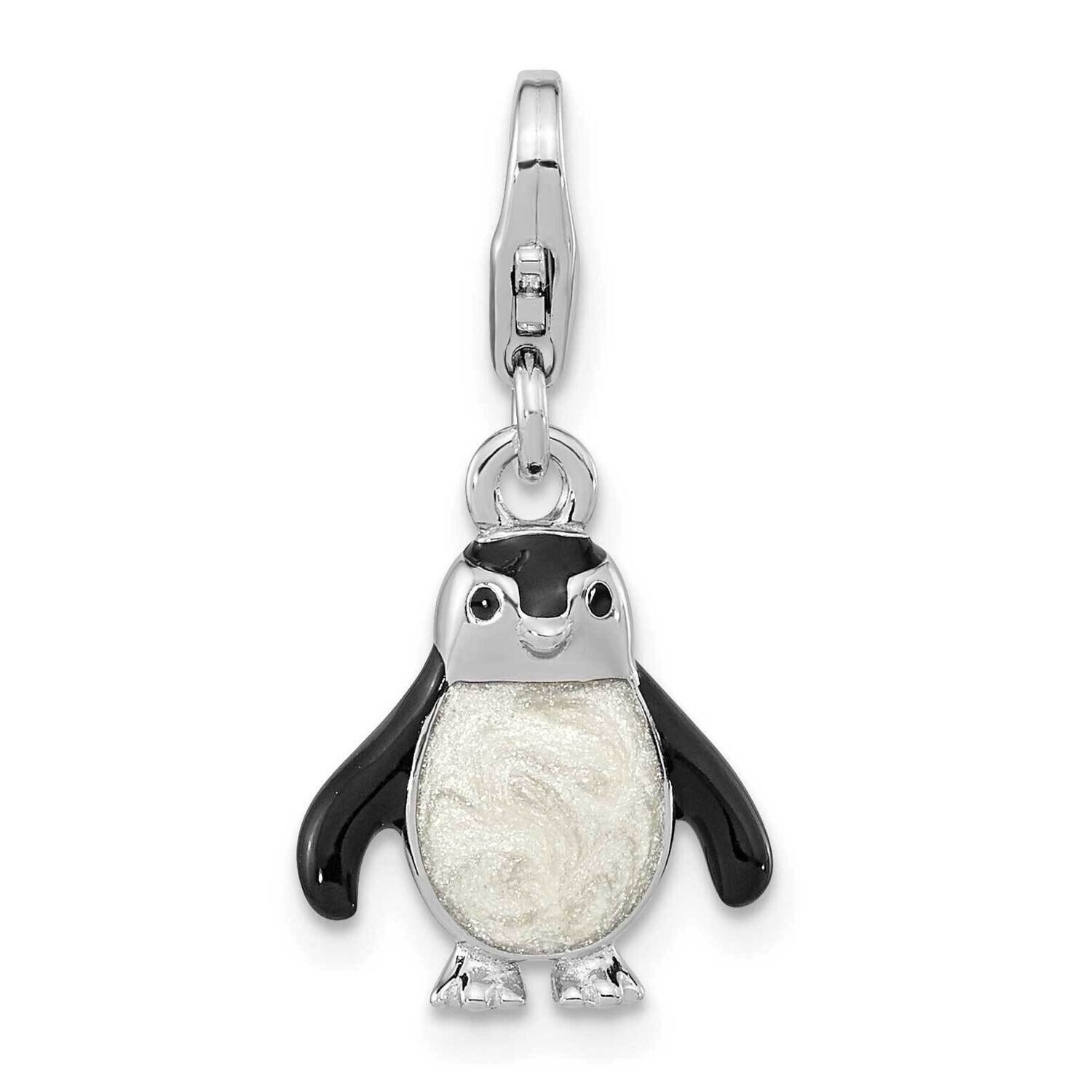 Enameled 3D Penguin with Lobster Clasp Charm Sterling Silver Rhodium-Plated QCC1243