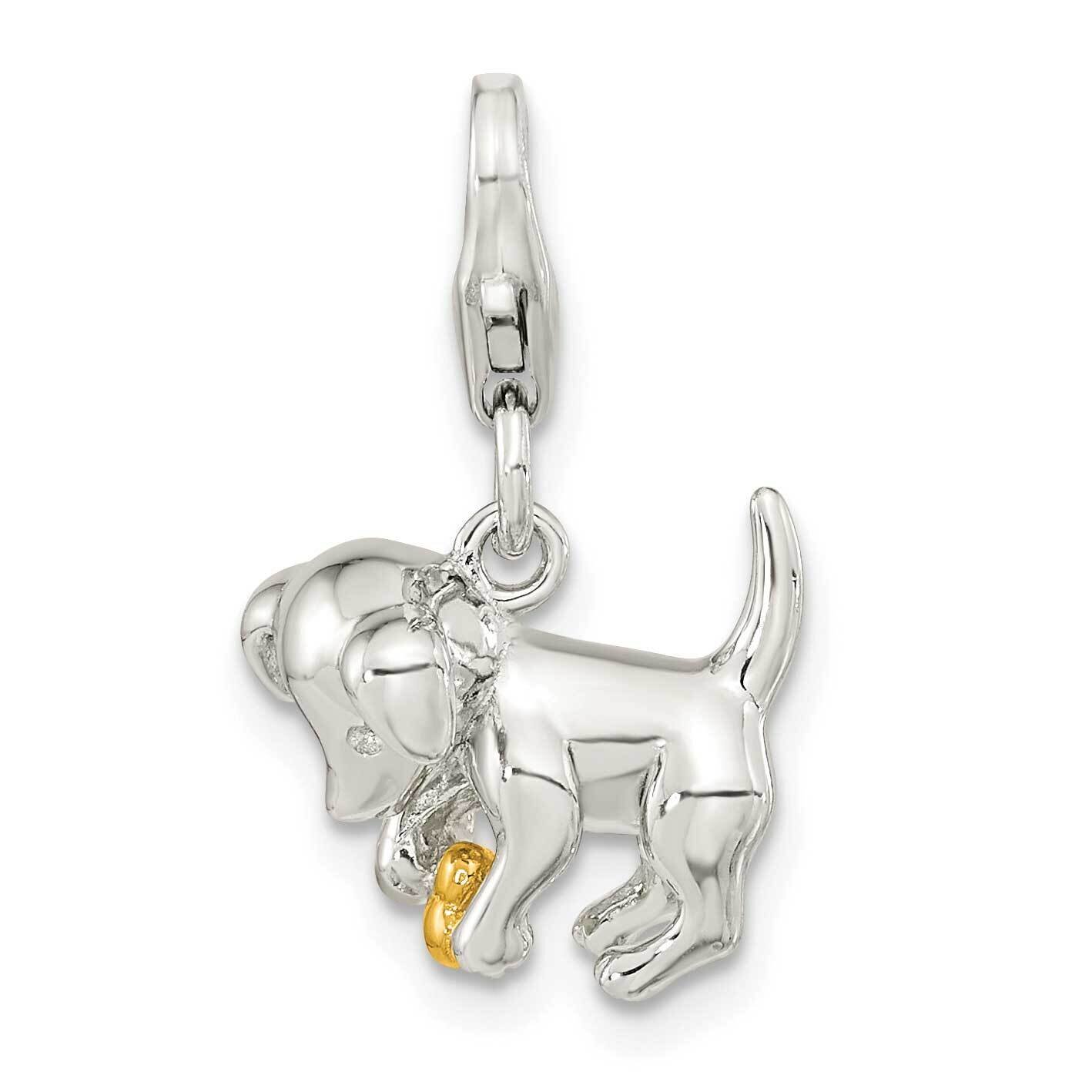 3D Puppy Holding Bone with Lobster Clasp Charm Sterling Silver Gold-Plated QCC1245