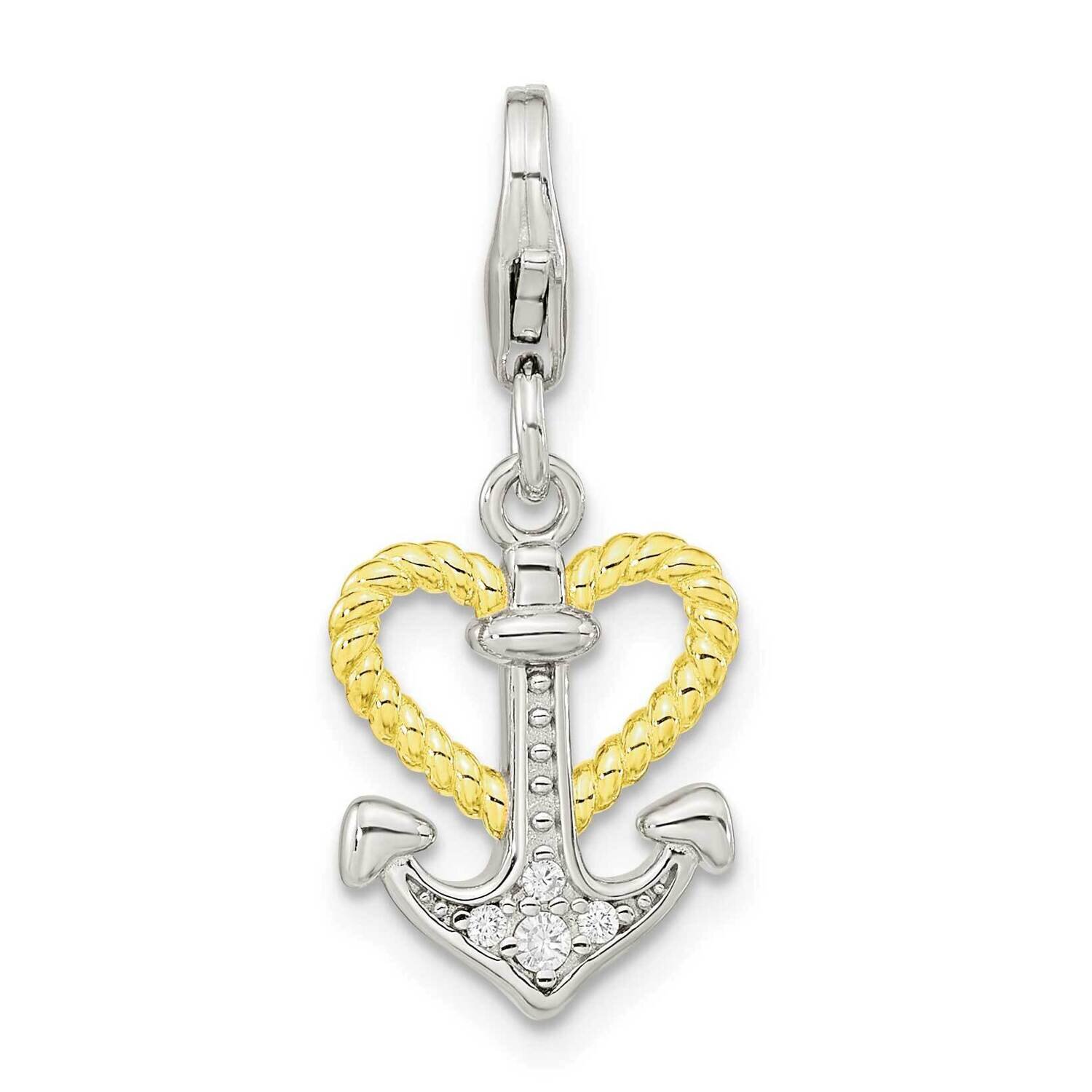 CZ Diamond Heart and Anchor with Lobster Clasp Charm Sterling Silver Gold-Plated QCC1246