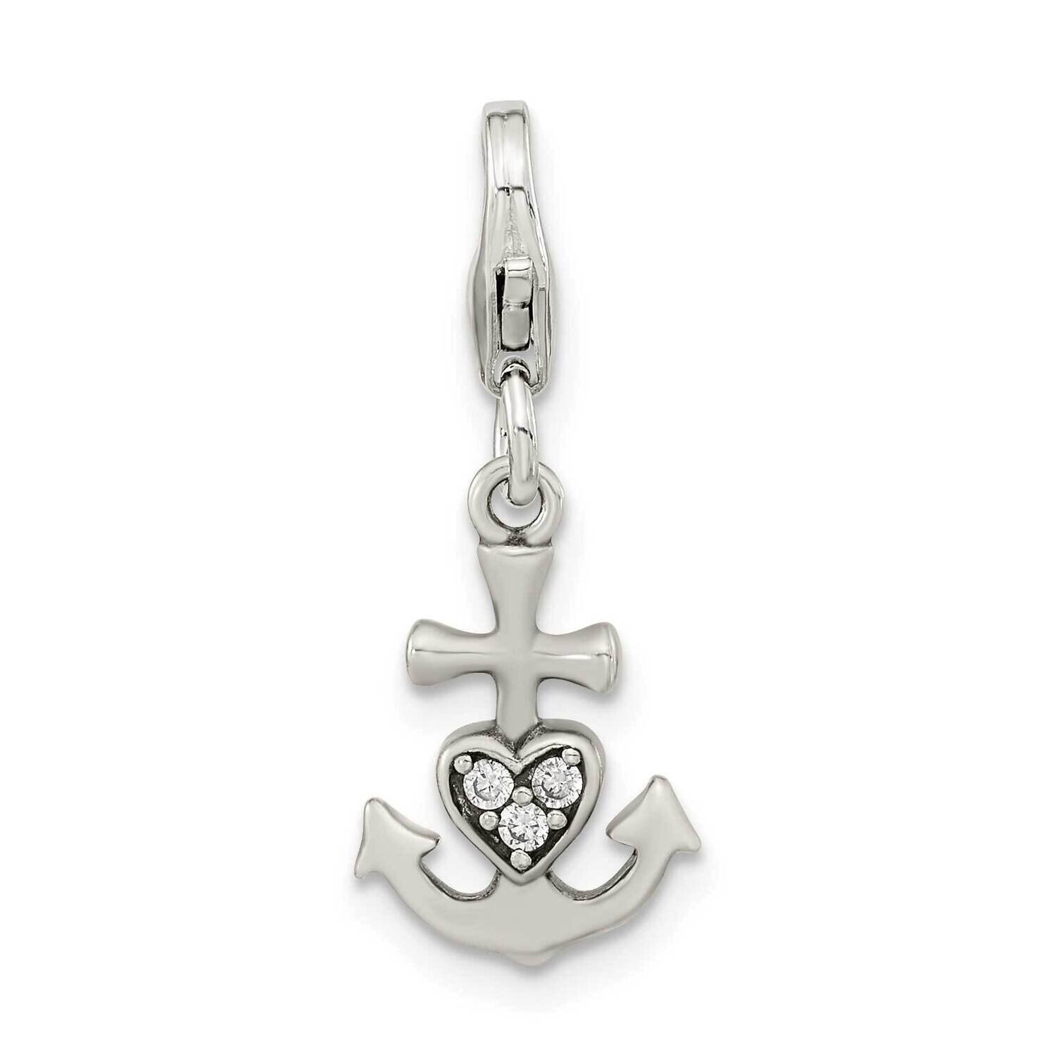 CZ Diamond Anchor with Heart with Lobster Clasp Charm Sterling Silver Antiqued QCC1247