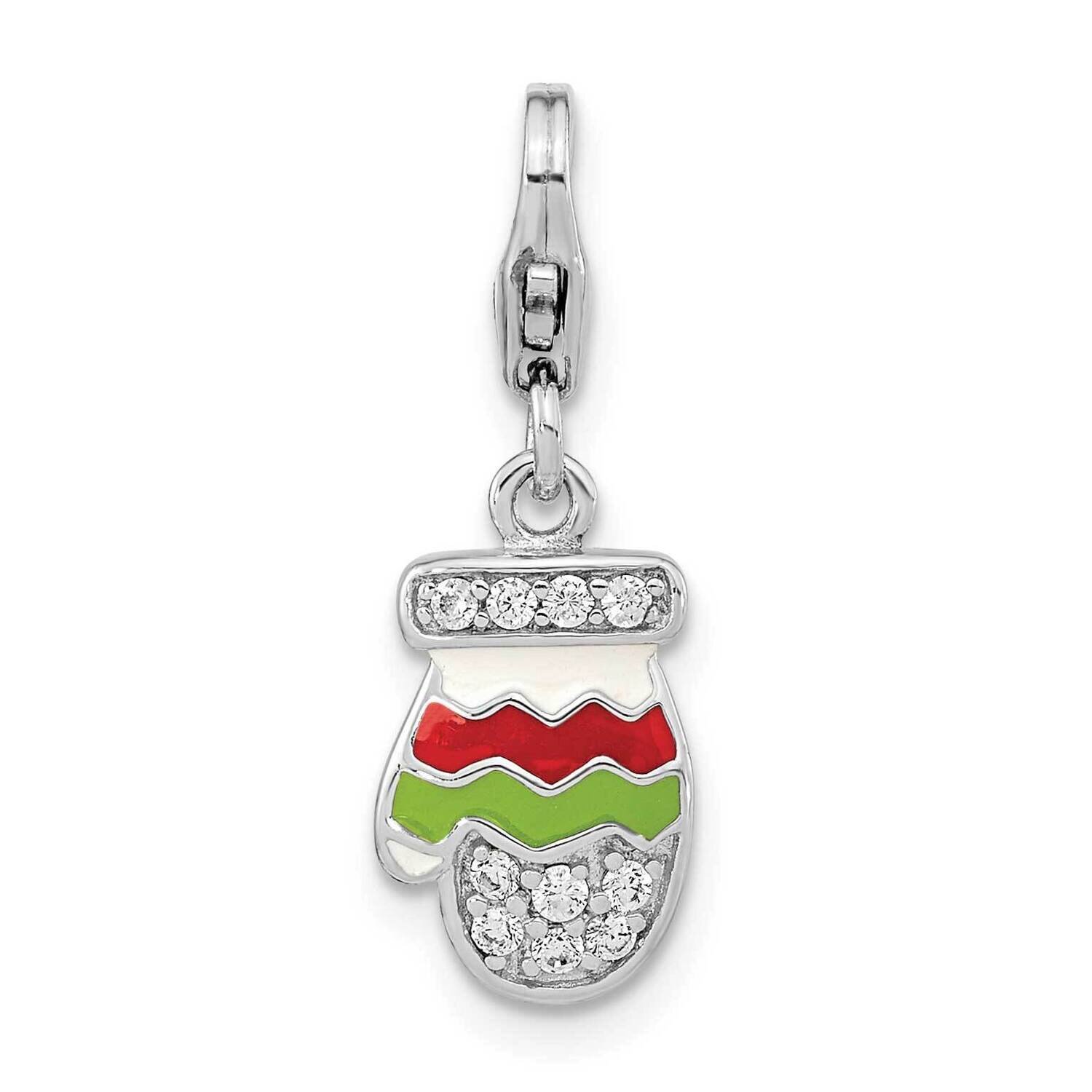 CZ Diamond Enameled Mitten with Lobster Clasp Charm Sterling Silver Rhodium-Plated QCC1257