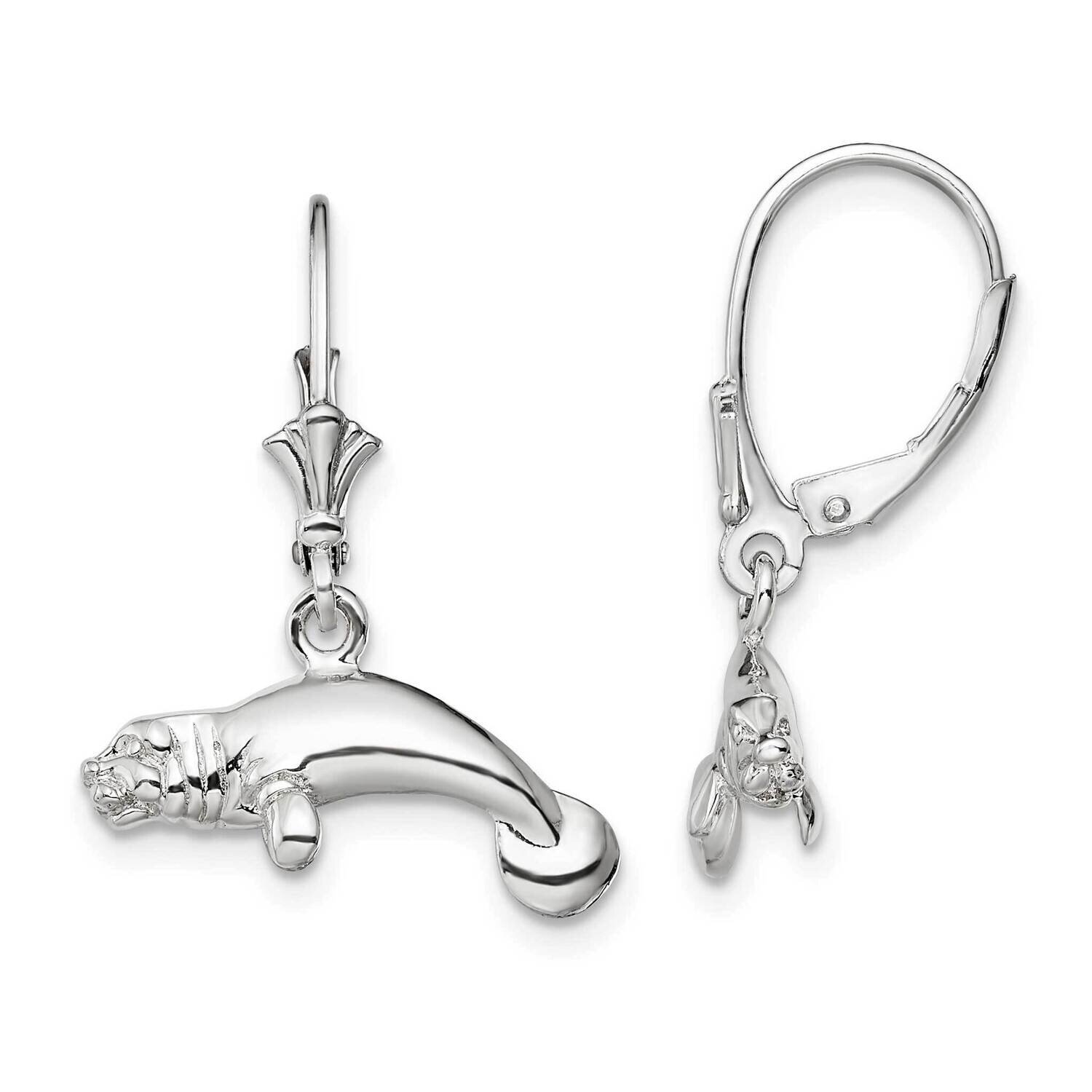3D Manatee Leverback Earrings Sterling Silver Polished QE15583