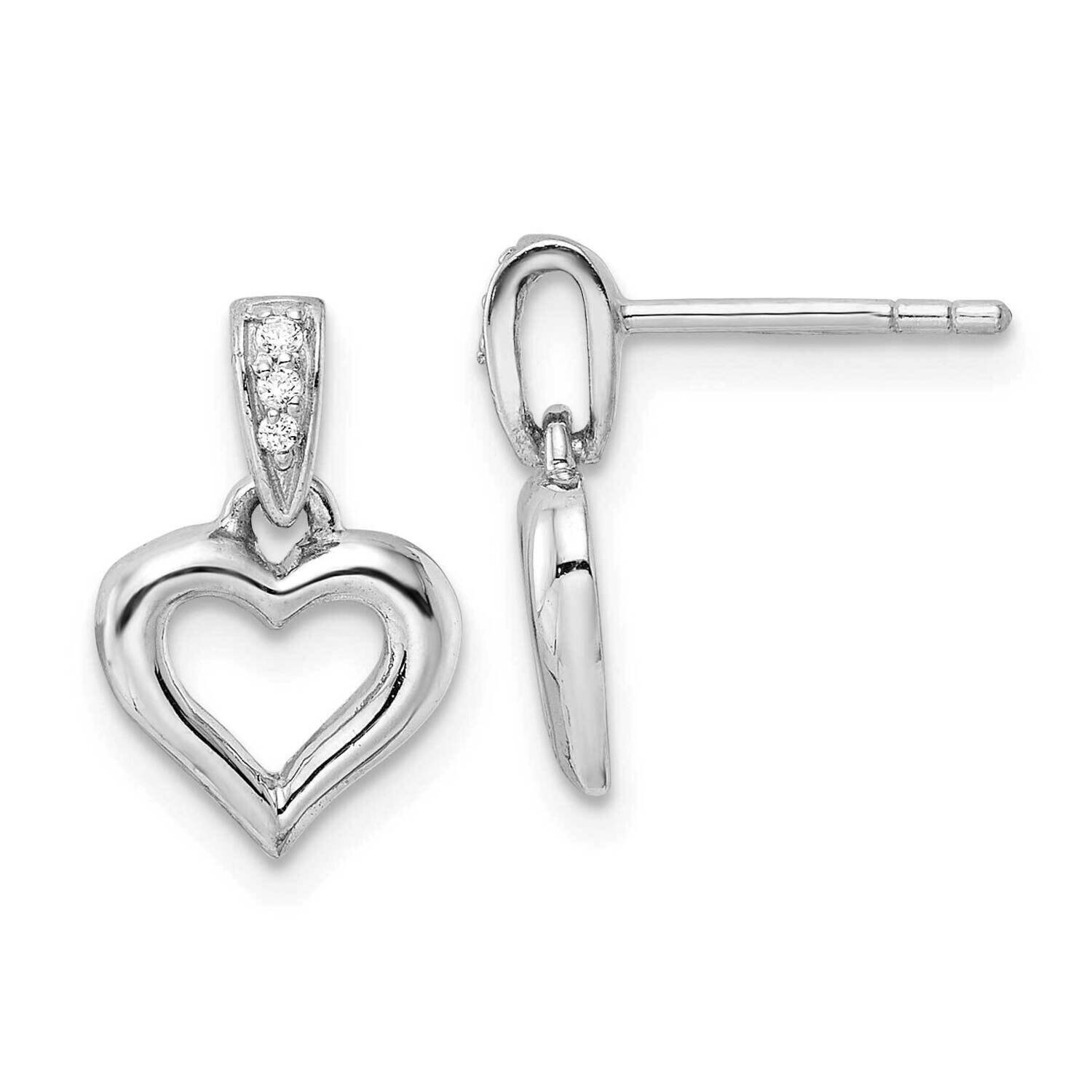 Polished CZ Diamond Heart Post Dangle Earrings Sterling Silver Rhodium-Plated QE15650