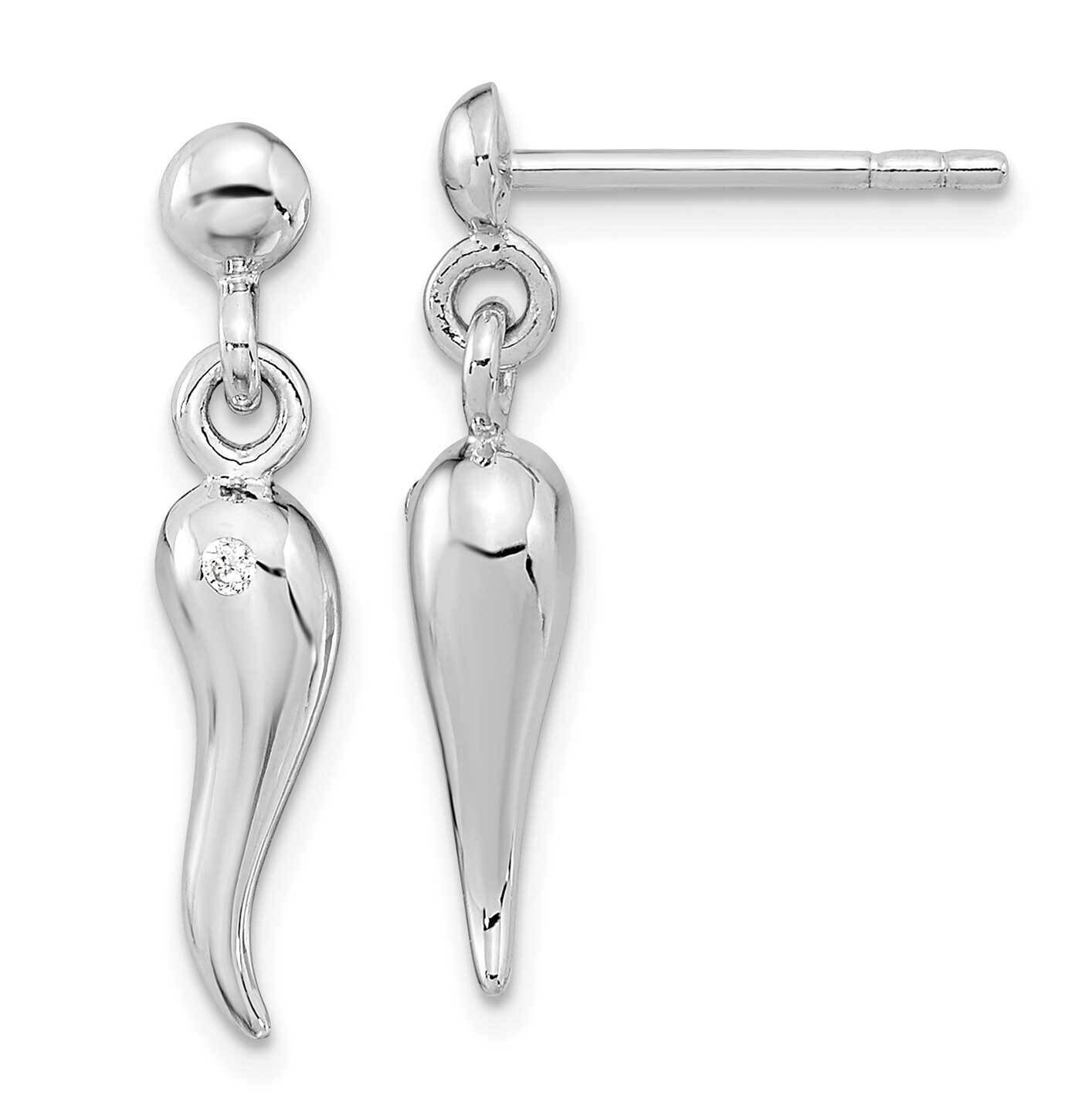 Polish CZ Diamond Italian Horn Dangle Post Earrings Sterling Silver Rhodium-Plated QE15651, MPN: QE…