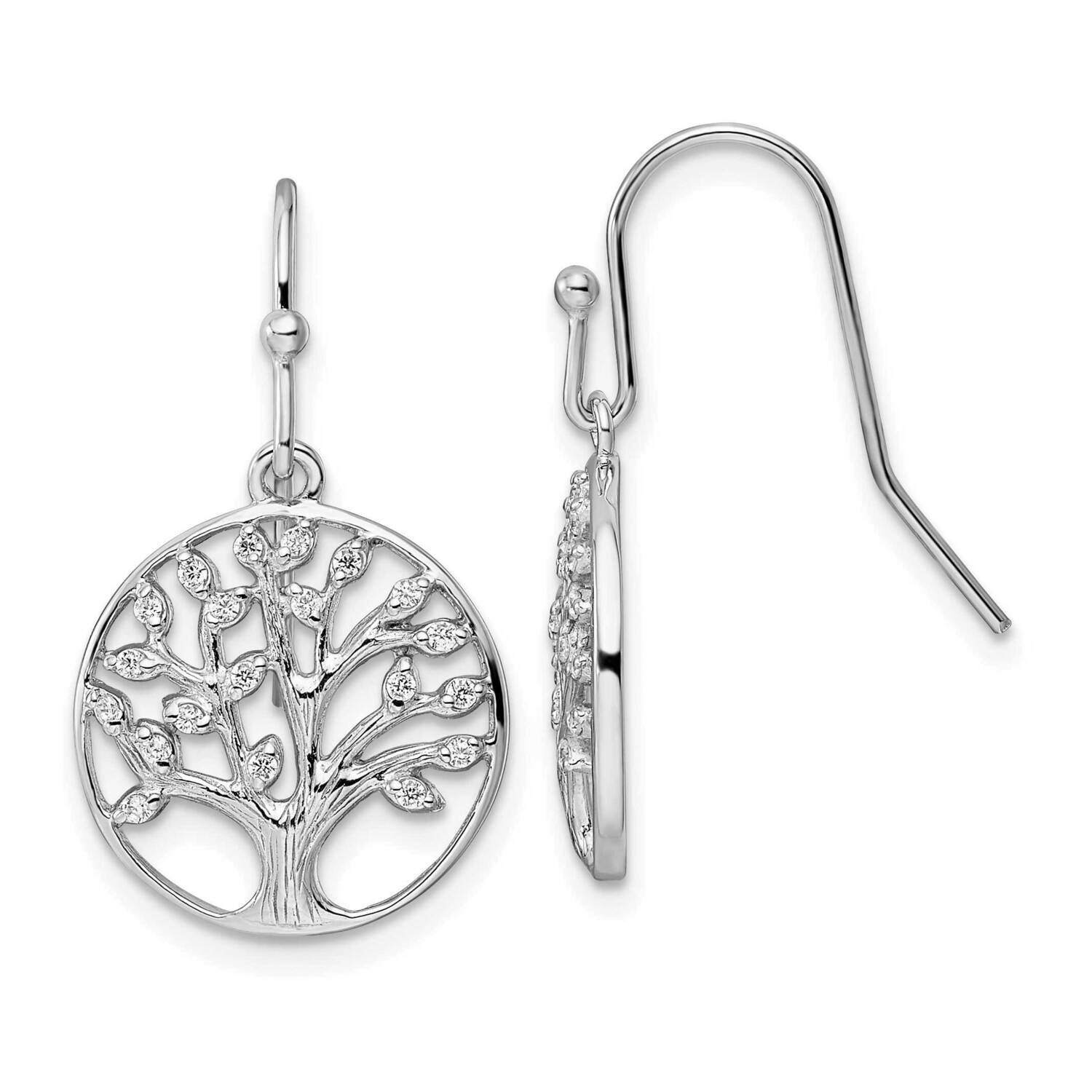 Dangle Polished CZ Diamond Tree of Life Earrings Sterling Silver Rhodium-Plated QE15660