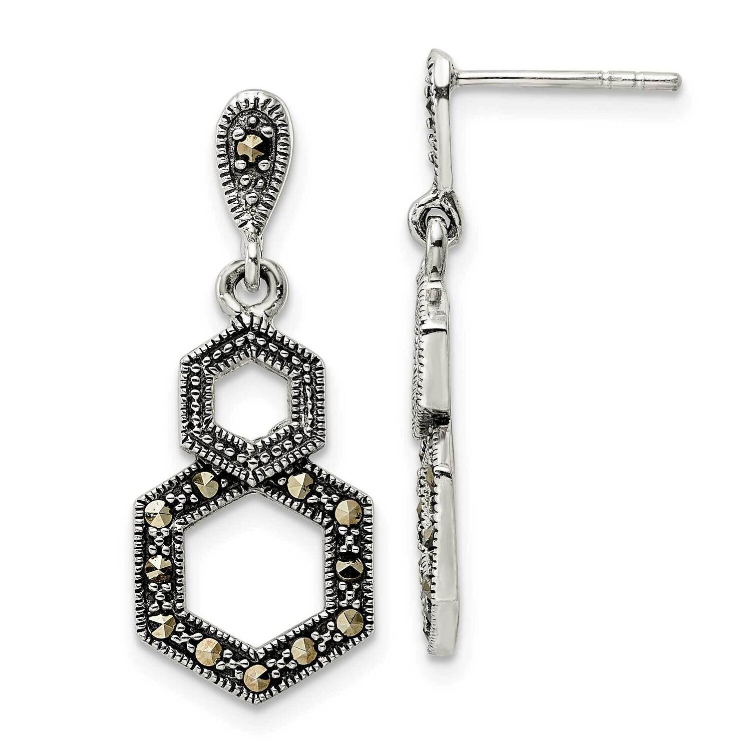 Marcasite Hexagon Post Dangle Earrings Sterling Silver Antiqued QE15711, MPN: QE15711, 196904154526