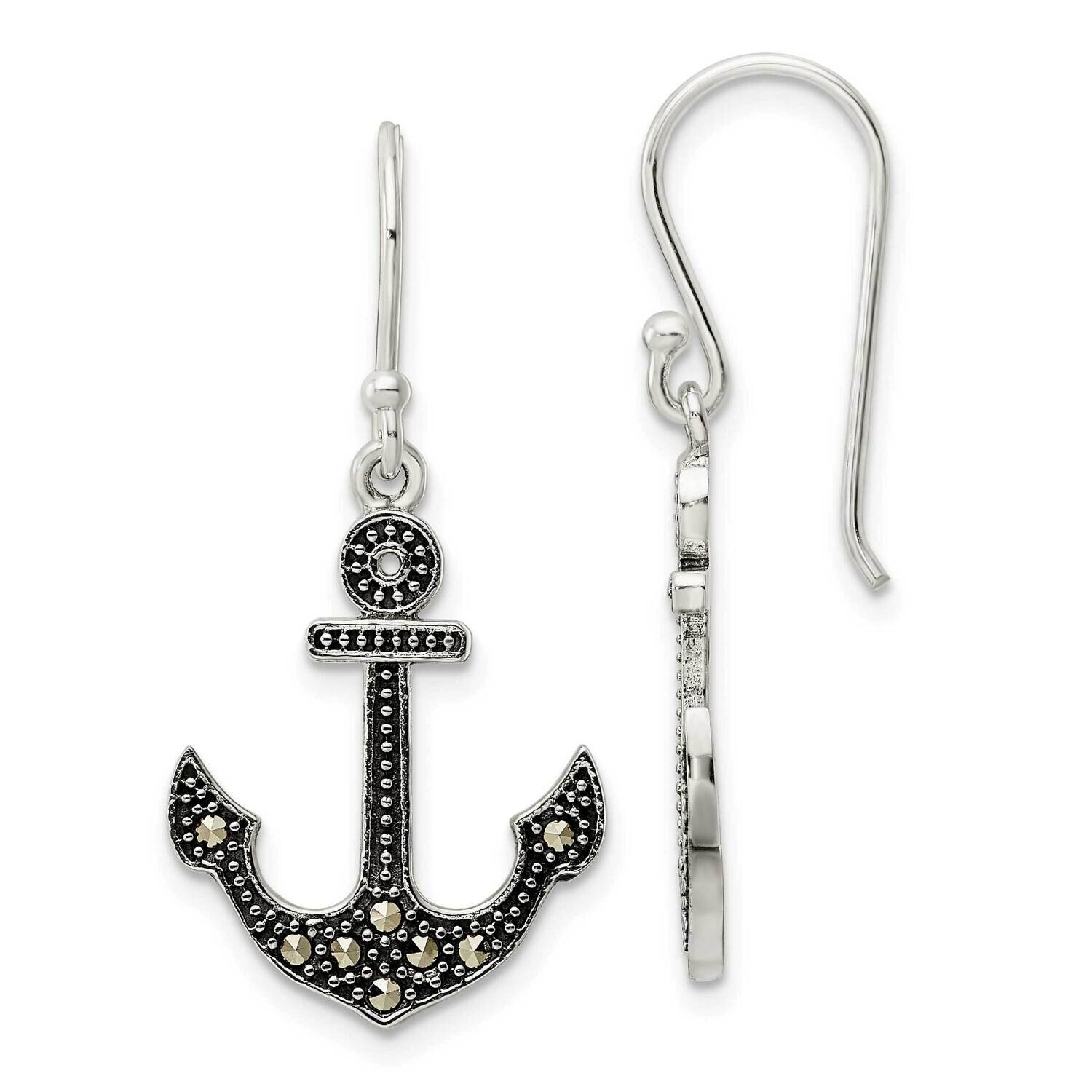 Marcasite Anchor Shepherd Hook Earrings Sterling Silver Antiqued QE15712