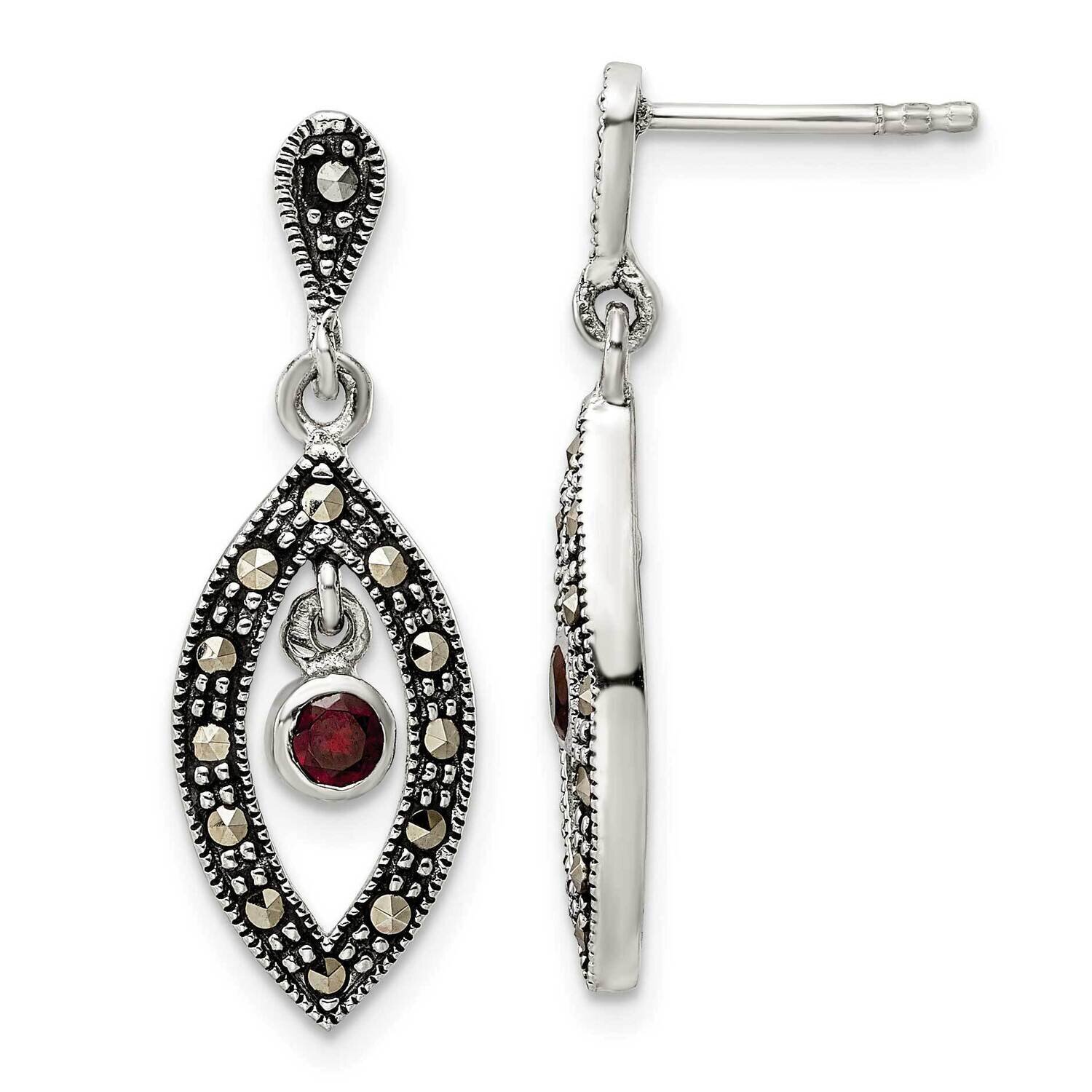 Marcasite &amp; Red Glass Stone Post Dangle Earrings Sterling Silver Antiqued QE15714, MPN: QE15714, 19…