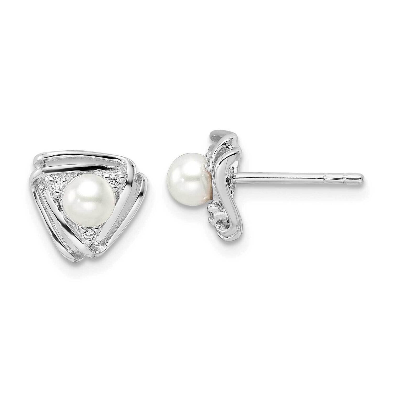 Fwc Pearl and CZ Diamond Triangle Post Earrings Sterling Silver Rhodium-Plated QE15735, MPN: QE1573…