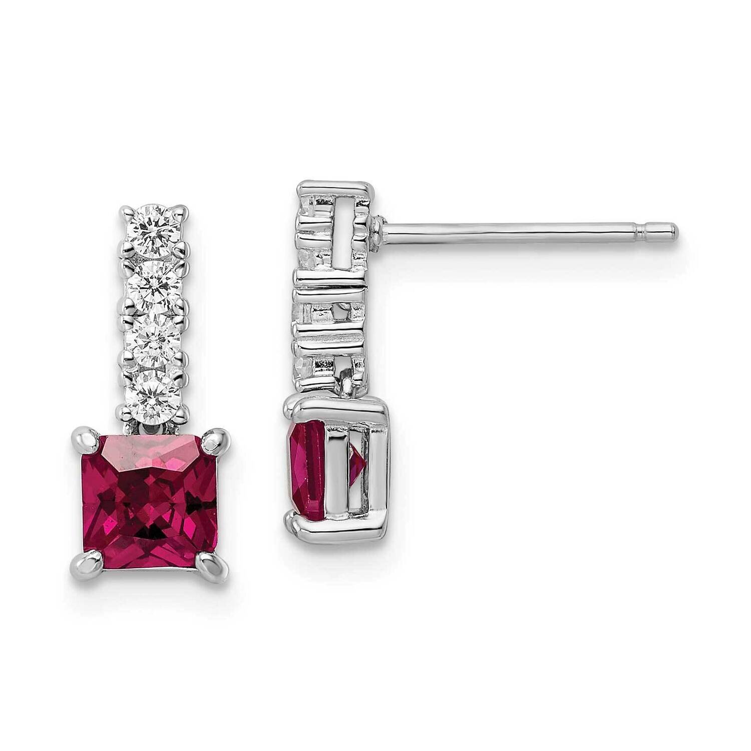 Created Ruby and CZ Diamond Post Dangle Earrings Sterling Silver Rhodium-Plated QE15755