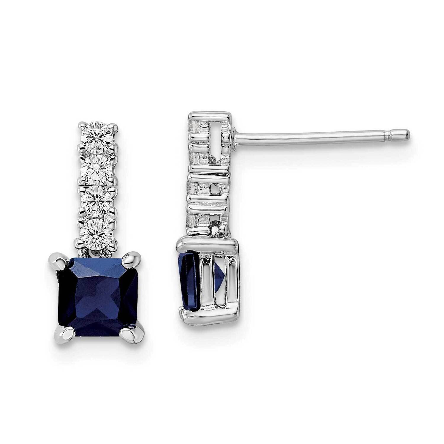Rhodium Cr. Blue Spinel and CZ Diamond Post Dangle Earring Sterling Silver Polished QE15756, MPN: Q…